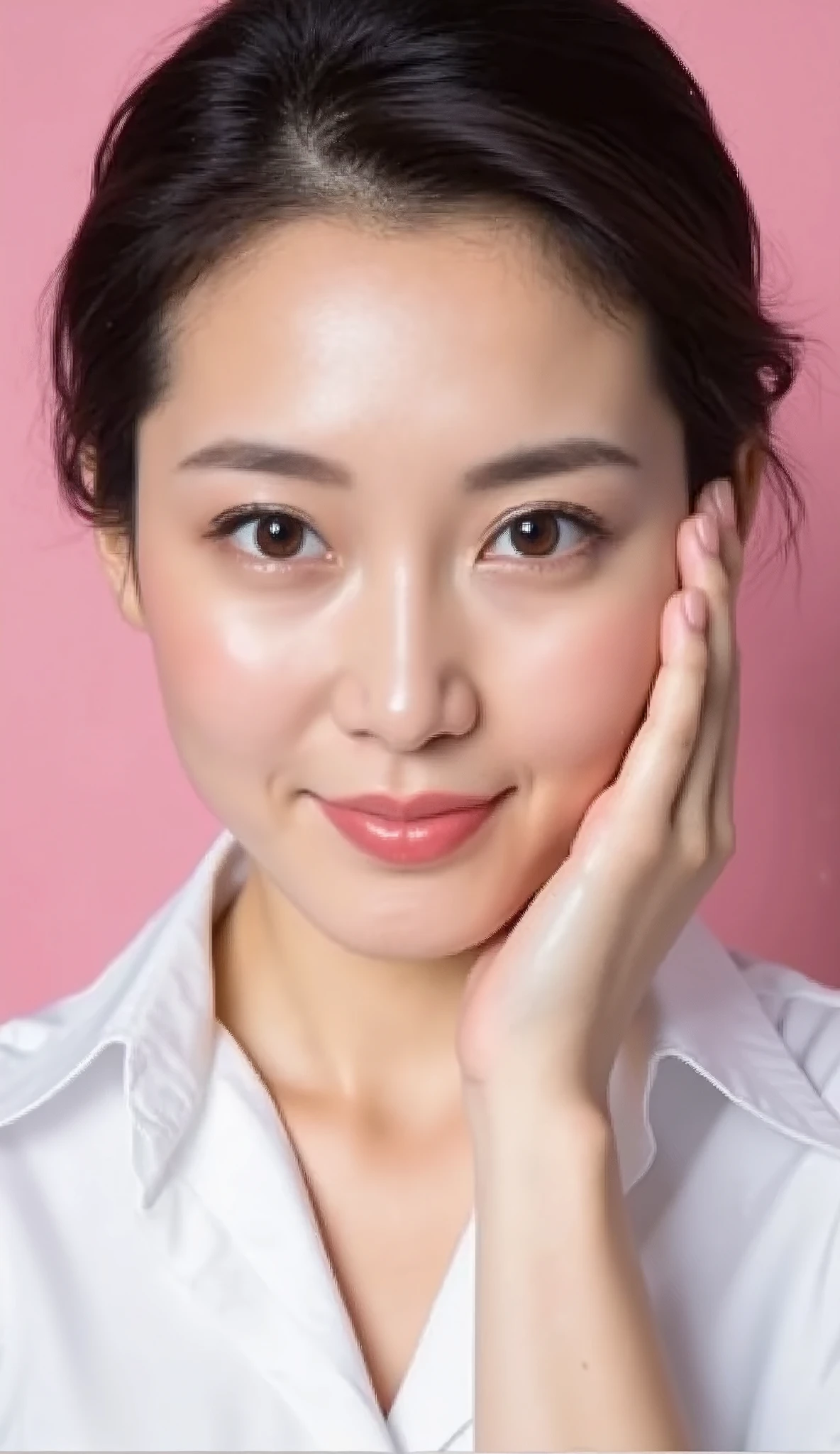 (masterpiece:1.2,Exceptional Quality,Mirror-like,Cinematic Experience,Photorealistic:2.0,RAW Photos:2.0,Super detailed),8k,wallpaper,Cinema Lighting,(Written boundary depth),(Sophisticated lighting:1.2),(White shirt:2.0),Beautiful Japanese Women,(Brown eyes:1.3),(Detailed skin texture:1.2),(Glowing Skin:1.2),(Detailed face:2.0),(Beautiful Face:2.0),(Beautiful Eyes:2.0),(Beautiful Makeup:2.0),(Close-up of face:2.0),Ultra-high resolution,(Looking into the camera),(Cosmetics advertising photo:2.0),(Detailed hands:2.0),(Beautiful female hands:2.0),(The background is a beautiful pink gradient:2.0),(front:2.0),(sexy:2.0)