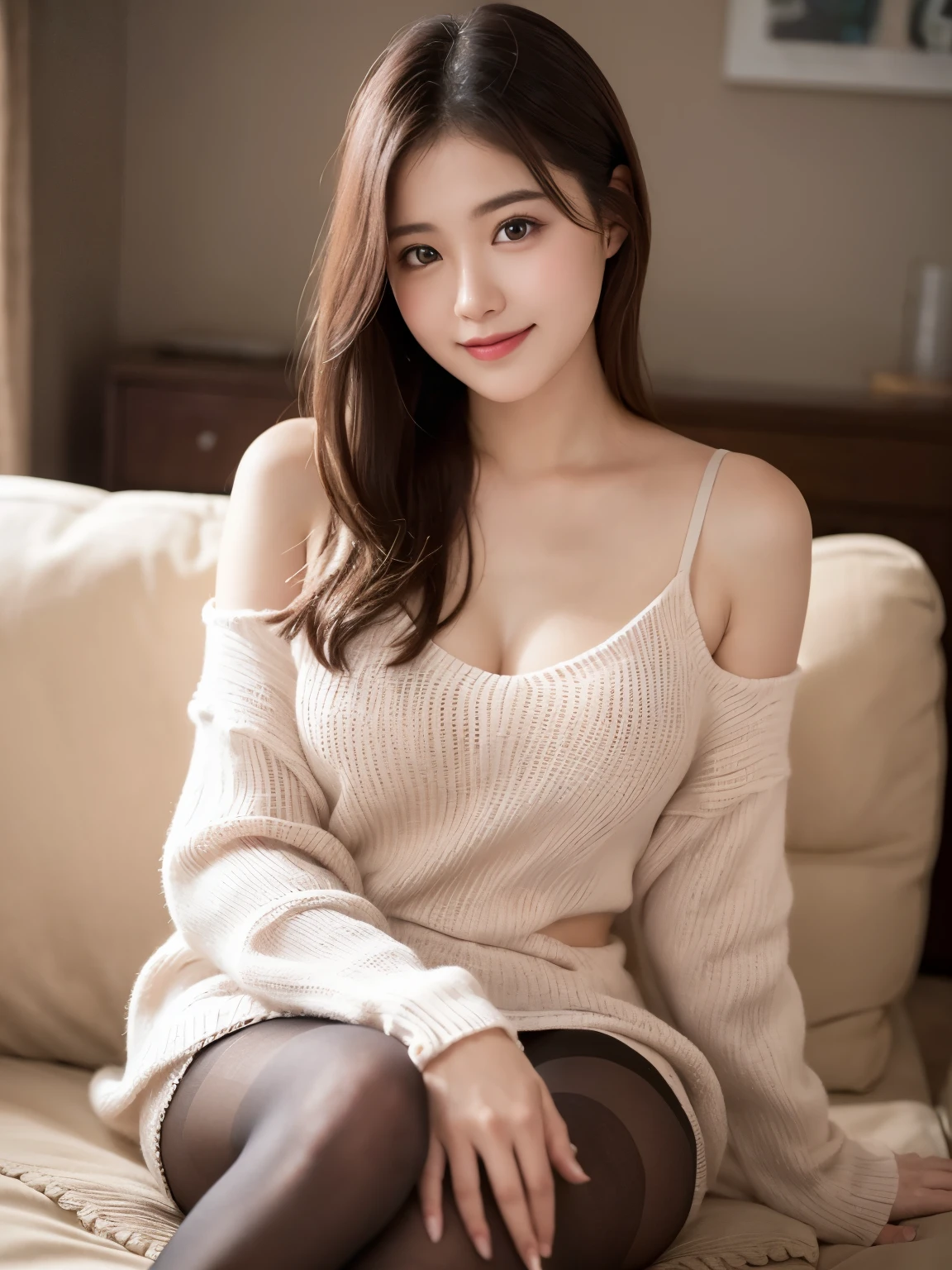 A real-life 19-year-old popular movie actress from the upper class、She is wearing a knitted dress、Sit in a comfortable room、 (Ultra-realistic pantyhose:1.3)、Thighs Thighs Thighs Thighs、165 cm length, Japanese Models, Short Layered Hair、Japanese Girls, Pure Japanese woman, smile、smile、Japanese Goddess, Innocence、Realistic pantyhose、RAW Photos, (8k、top-quality、masterpiece:1.2)、(Intricate details:1.4)、(Photorealistic:1.4)、Octane Rendering、複雑な 3D レンダリングのSuper detailed, Studio Light, Rim Light, Vivid details, Super detailed, Realistic pantyhose、Realistic skin texture, Detailed aspect, Beautiful detailing, Highly Detailed CG Unity 16k Wallpaper, Makeup, (Detailed Background:1.2), Shiny skin、turn around、Bare thighs!!!