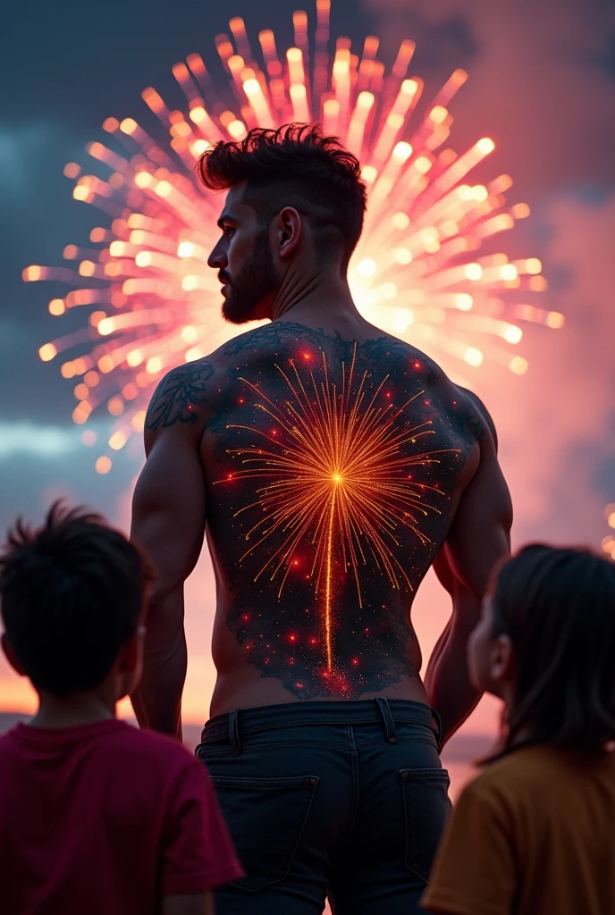 (1boy, photorealistic:1.4, ultra realistic, masterpiece:1.2, best quality, 4k, 8k) a handsome 21-year-old male model nude, standing in a grassy field at night, backside facing viewer, perfect butt, watching a beautiful fireworks display in the sky