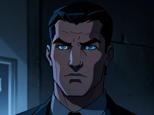 a detailed portrait of Bruce Wayne, middle-aged handsome man with chiseled jawline, piercing blue eyes, neatly styled dark hair, wearing a stylish charcoal gray suit, confident and brooding expression, high-quality photorealistic rendering, dramatic dramatic moody lighting, cinematic composition