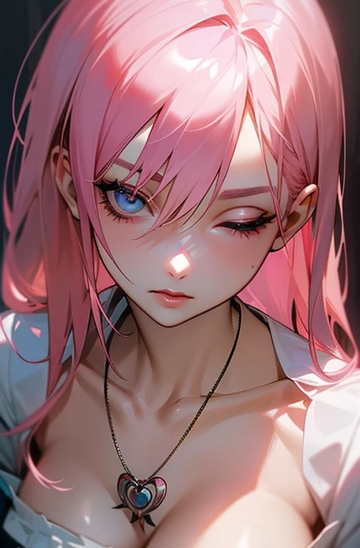 Cool women、sexy、Center of chest、Rize from Chainsaw Man、beauty、Yandere、、Face close-up、Kiss with your eyes closed、Chest tattoo、race、necklace、Pink Hair、(sexy)、(Kiss the viewer)、turn around、(Troubled face)