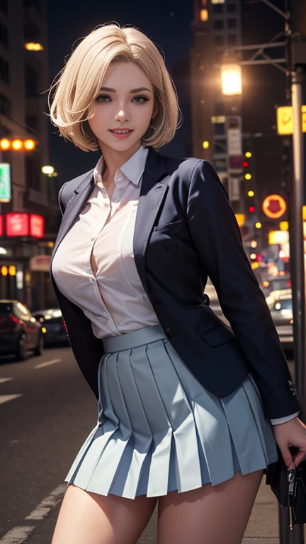 masterpiece, Best Quality,8K,4k,Ultra-detailed, finely detail,one girl,Natural blonde short hair,tightly fitting Suit skirt ,Her hands are on her hips and her buttocks are sticking out,beautiful girl,She is a businessman,20 years old,japanese girl,h cup bust,teeth,smaile,very nice smile,very nice lady,,full body,glowing,Background:shibuya,Business district