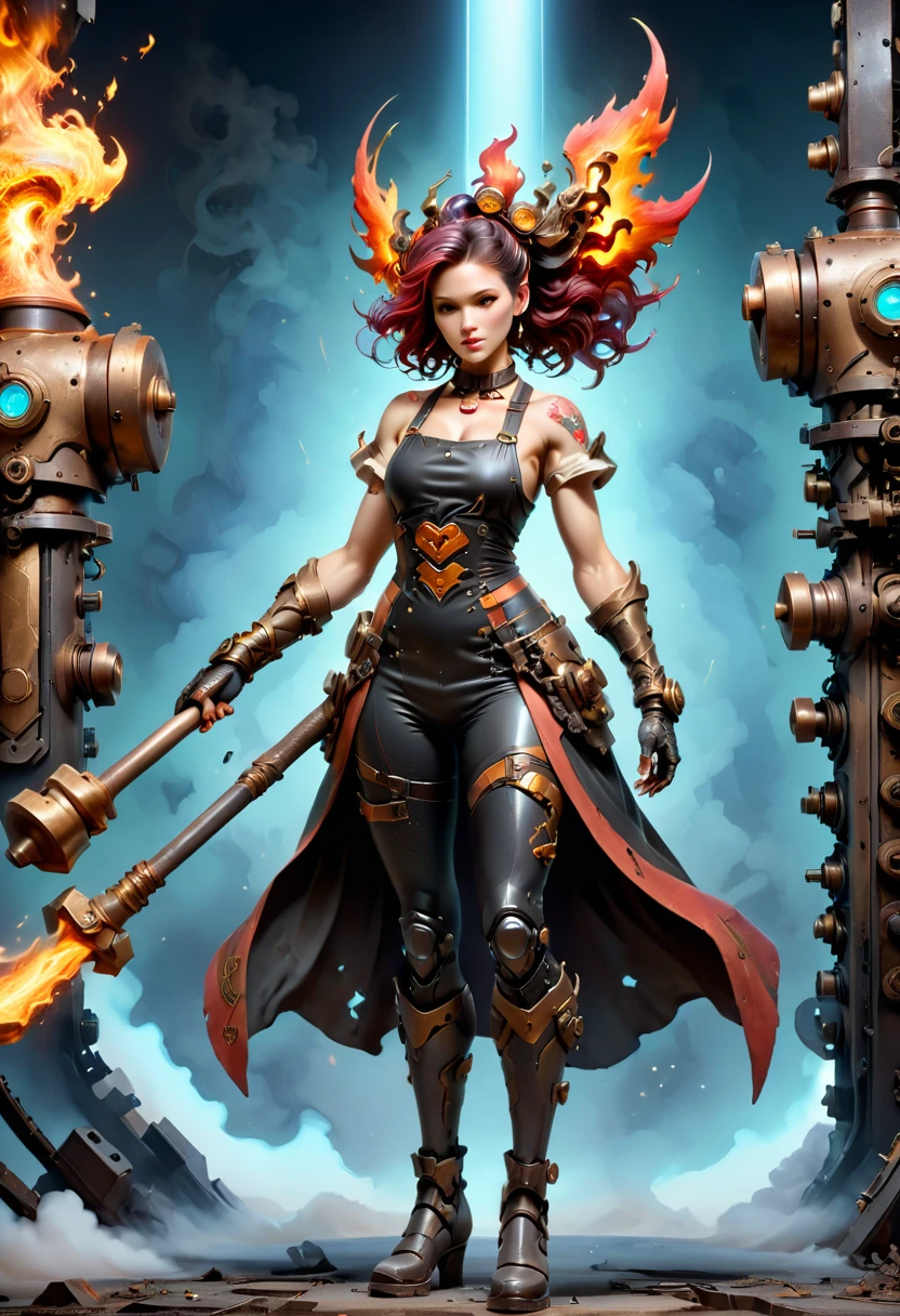 (sfw), (wide angle), 1woman, goddess of the forge, Hephaestus, ((blacksmith woman)), middle-aged woman in her 40s, slim well toned physique, ((medium length wavy with crimson roots fading to black tips)), burn scars on chest and arms, (wearing leather apron, apron with glowing symbols), (tight black button up shirt) , (wearing skin tight white leggings), ((swings a huge smithy hammer in one hand, over her head)), smith's hammer is glowing green, she stands at an angelic anvil, (set inside a massive robotic factory:1.37), ((high resolution)), intricately detailed facial features, detailed piercing eyes, refined jawline, masterpiece, 8k, ((hyper realistic)), 3/4 profile view, cinematic lighting, dramatic shadows, warm color tones, intricate details, hyper-detailed, battle hammer, hyperkraximalism, spl1th41r, two tone hair,