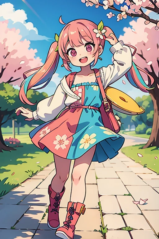 Stand in front of the photo、1girl in,Full body,a short bob, But long pigtails, rainbow color Hair,long boots,Open mouth and big smile、kawaii pose、Flowing iridescent silk、up of face、Eye Up、Colorcon with heart pattern、Floral dress、There are flowers even in front of you、Cherry blossom petals、season!!: springtime☀ 🍂