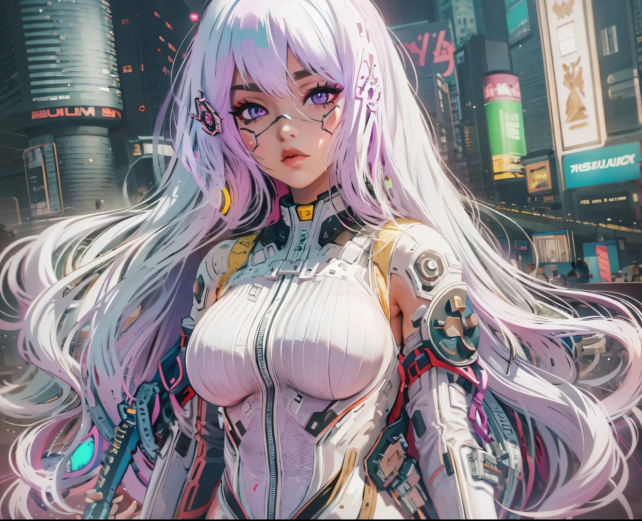 8k, masterpiece, highest quality, highest level, highest image quality, muste piece, intricate details, high resolution, depth field, natural light, professional lighting, (1 person), alone, very beautiful cartoon girl, (high detail skin: 1.2), Photorealistic anime girl rendering, Realistic anime 3D style, long wavy hair, beautiful white hair, intense purple eyes, strong eye highlights, very big breasts, curvy, perfect anatomy, (thick thighs:0.75), cyberpunk, cyborg, facial mark, white hair, long hair, crossed bangs, asymmetrical bangs, eyelashes