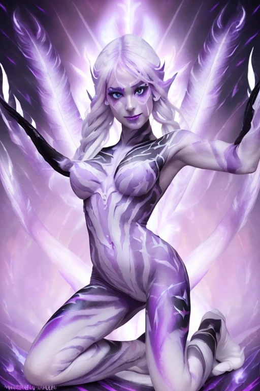 (SFW:1.3), High quality, Elf, (Full body purple body paint:1.5), (White gradient paint towards the tip of the arms and legs:1.5), Purple body paint, Purple make up, (White flame pattern body aint:1.7), (Black flame pattern body aint:1.7), Photorealistic, Bat feathers, silver hair, large breasts, realistic, kneeling, smile, blue eyes, bikini