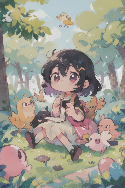 masterpiece, best quality, cute, kawaii, ((colorful)), 1girl, black blite hair, in the park, ,pink eyes, eyes are shining,some birds,birds are twitting,sunshine,runnning