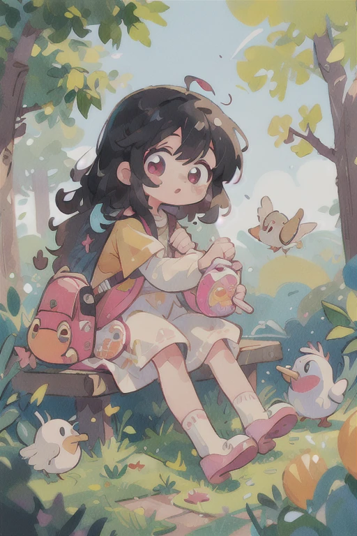 masterpiece, best quality, cute, kawaii, ((colorful)), 1girl, black blite hair, in the park, small kid,pink eyes, eyes are shining,some birds,birds are twitting,sunshine,runnning