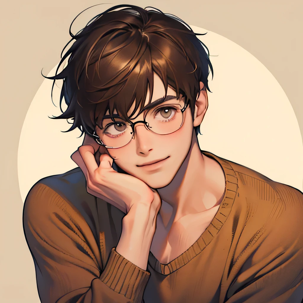 Shy male, slim, nerdy boy, shy, weakling, round glasses, embarrassed, brown hair, sweater, hair over eyes, sweet, innocent smiling facing forward natural