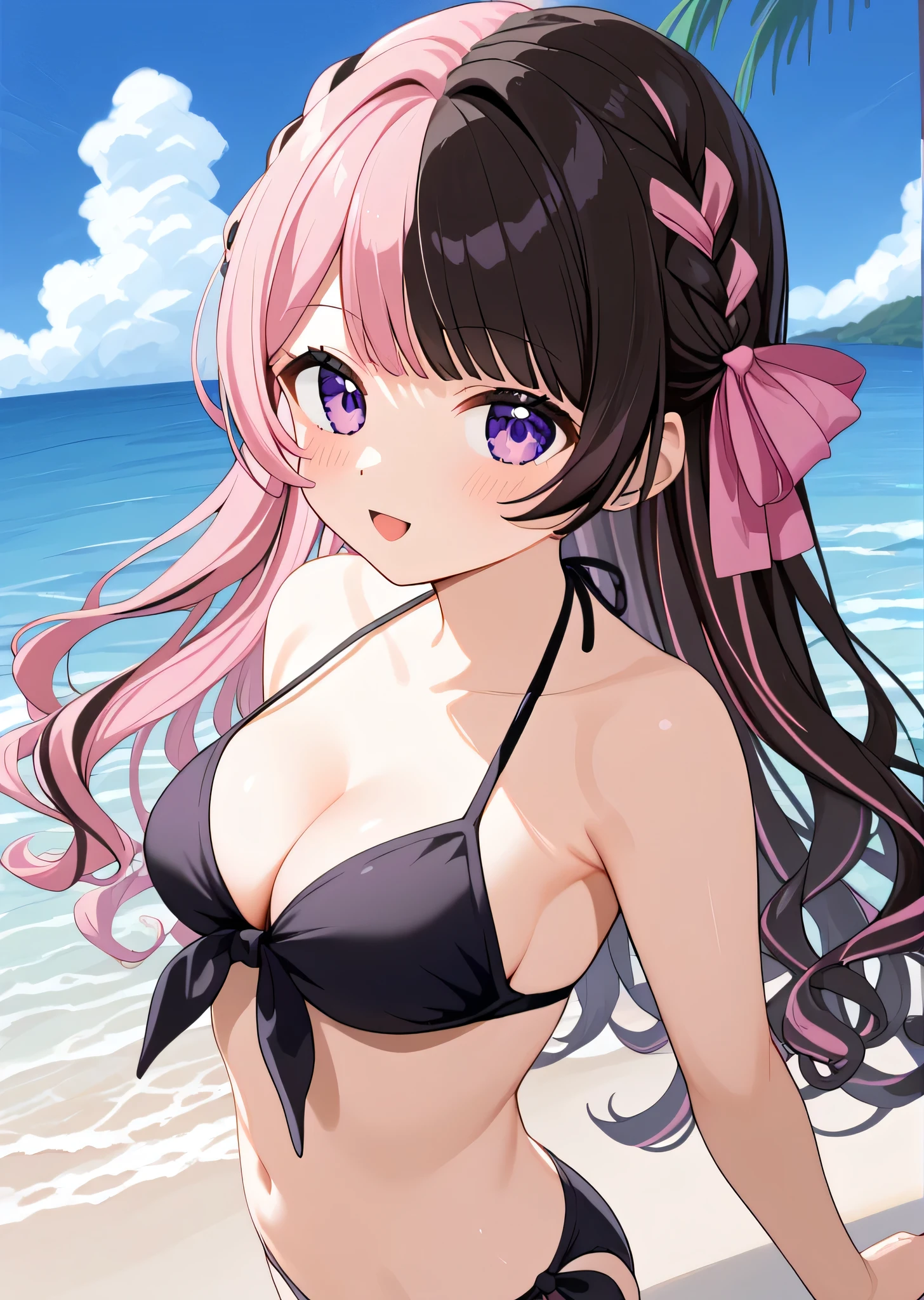 (((Best Quality))),(An unparalleled masterpiece, Side light, Beautiful and beautiful eyes: 1.2), Ultra-realistic 8k CG, Perfect artwork,Very detailed,Confused, Ultra-high resolution, Extremely super detailed,(((Hinano Tachibana))),((1 person)),Alone,(((Black Bikini:1.3))),(((Bright purple eyes,fine grain:1.1))),black and pink hair,Two-tone hair,Long Hair,French Braid.Hair Ribbon,Perfect hands,(((Standing))),break,smile,Seductive pose,Seductive pose,breakslender,Hot,cute, Perfectly symmetrical face, 超cutegirl, 超cuteface, Very detailedな目,Ultra detailed hair, 超cute, so beautiful,coastalで,coastal,Beach,(((Beautiful breasts,Medium Chest,Cleavage:1.3)))