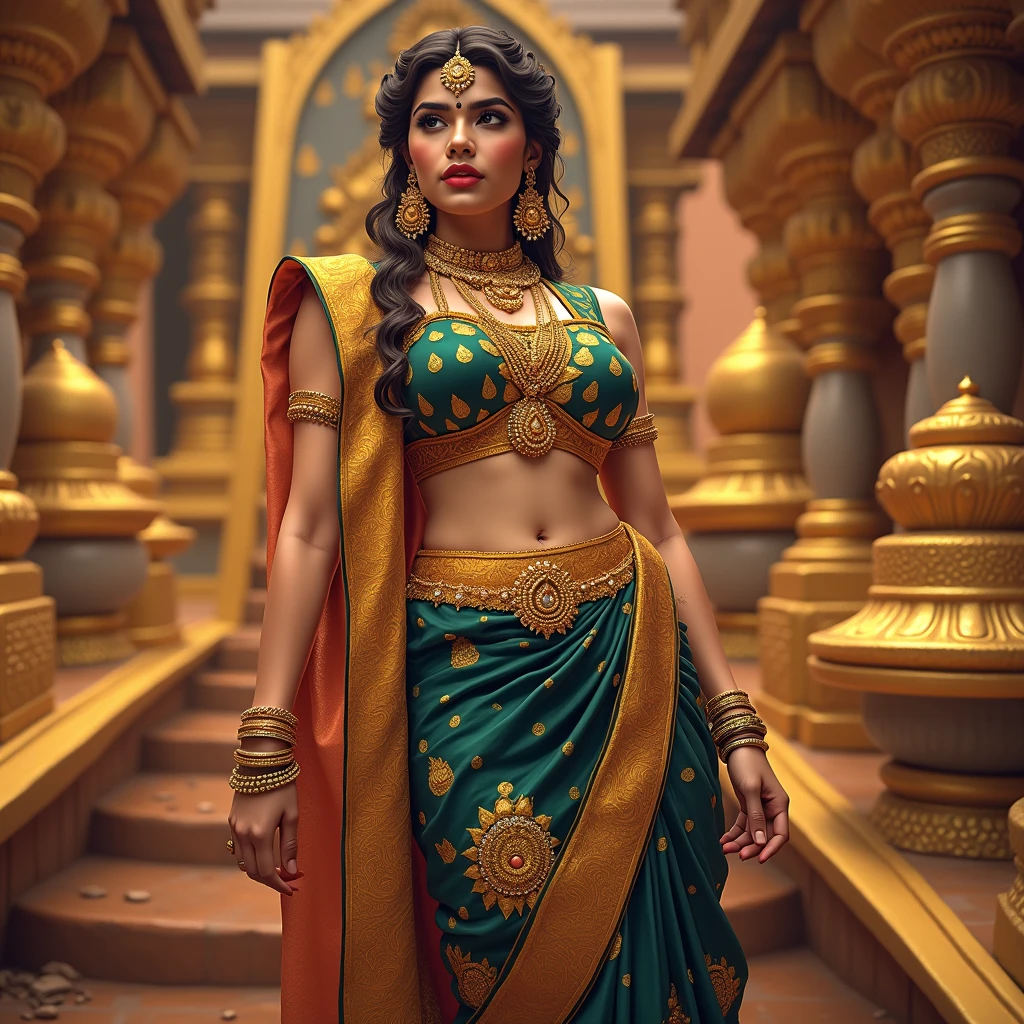 a pencil sketch of a tamil warrior woman topless with an ancient city background