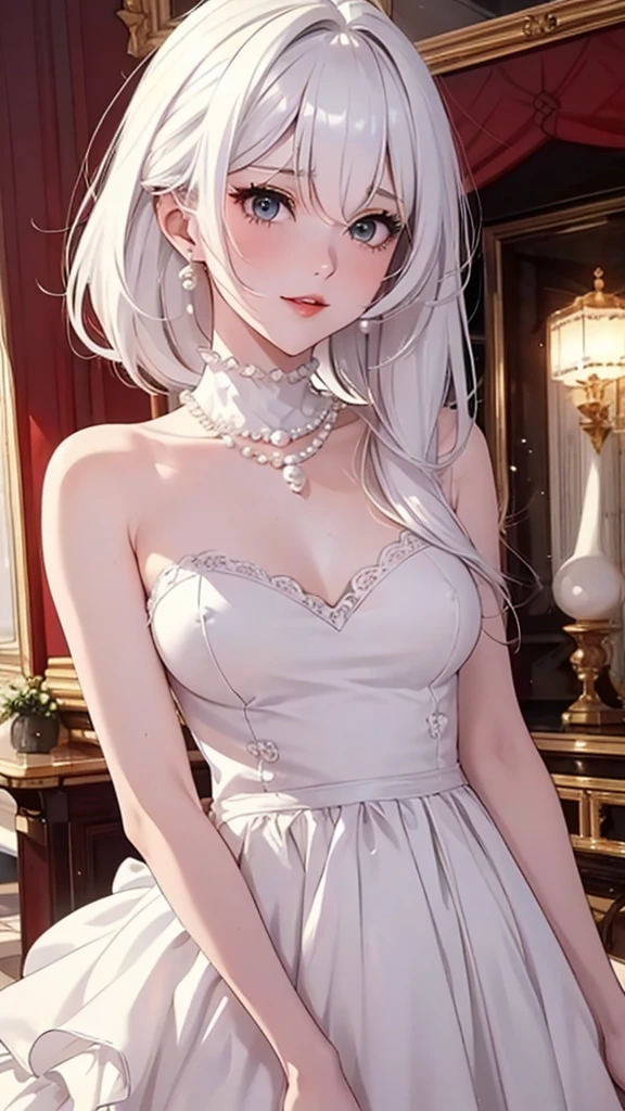 A masterpiece of the highest order, ultra high precision, ultra high image quality, 8K quality, realistic anime style, a woman, a perfect woman with the best anatomical and ergonomic face and body, a well-proportioned face and body, ((Short hair)), ((Pearl White hair)), long bangs, a slim face, ((narrow red eyes)), deep glossy and shining eyes, eyes with highlights, very long eyelashes, thin red lips, a tall and slender body, very large breasts, a tight waist, large hips, white skin, moist and lustrous skin, ((Gorgeous Shiny White pearl colored ruffle dress)), ((royal style dress)), a large pearl necklace, large earrings, thick bangs, a beautiful smile, a mysterious atmosphere, a great presence, upper body
