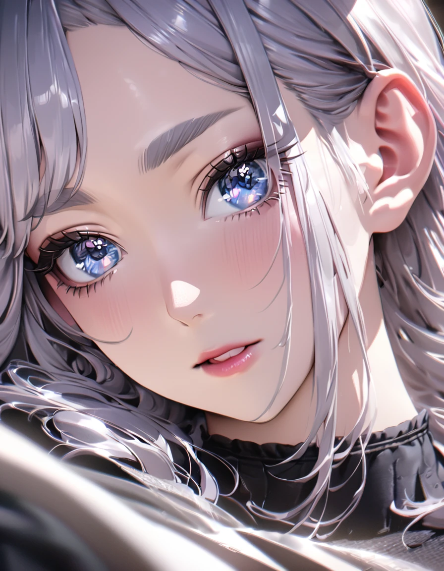 Long silver hair, silver eyebrows and eyelashes, smooth and straight, sparkling blue eyes, masterpiece, super detail, best quality, 8k, realistic, super detailed anime, beautiful girl, super detailed close-up of her face, super beautiful, pink cheekbones, white background.