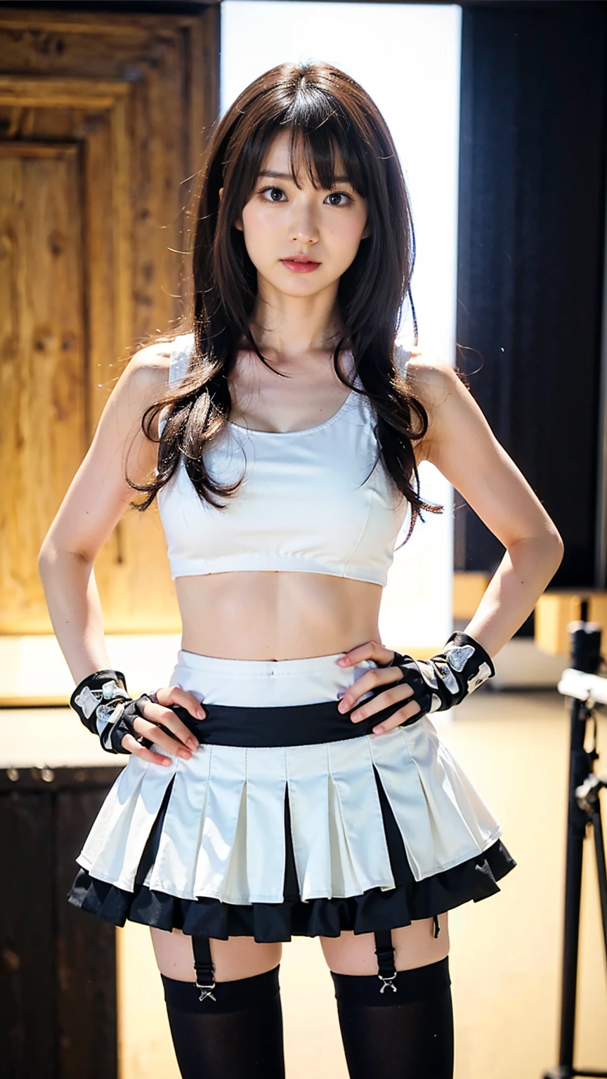 (8k、RAW Photos、Highest quality、masterpiece:1.2)、(Realistic、Realistic)、1 person、((White tank top、黒いmini skirt、Cleavage、tights、Gloves、Garter Ring、mini skirt、Thin legs、whole body、boots、View from the front、Looking into the camera、stage、Stand with hands on hips))、cute