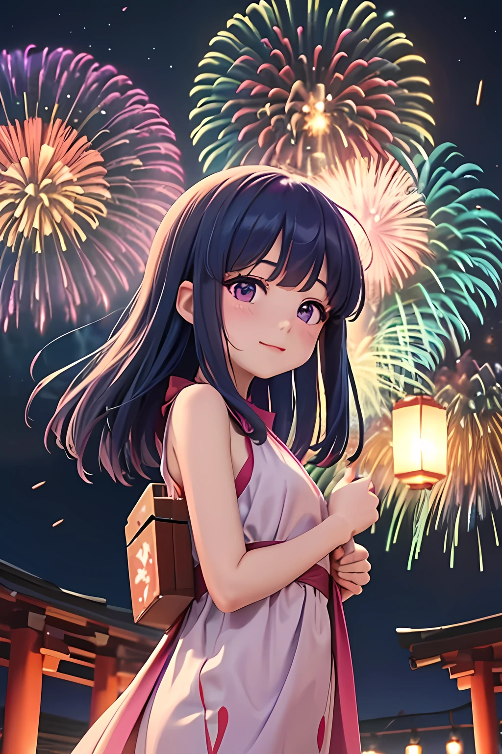 Japanese summer festivals and fireworks, ((Furude Rika)), woman, Alone, Blue Hair, Purple eyes, sundress, green dress, bare shoulders, A festival venue lit with lanterns, People wearing yukata々looks up, In the pitch black night sky々Colorful fireworks rising, Red and pink fireworks, The sound of fireworks echoes