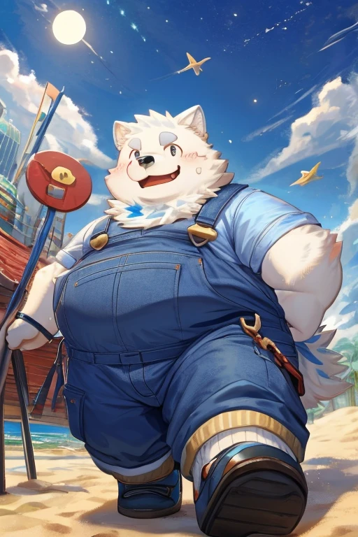 (Vision:1.5), solitary, anthropology, hairy, hairy male, Bear, ((Fluffy fur, Fluffy, hairy body)), (bear print), (Thick eyebrows), youth, muscular, pectoralis major, White fur, Golden pupils, defaced face, fundos, sailor, 蓝白条纹sailor服, White beret, On board, Sailing, sideways, Shy expression, blush, (Dynamic poses:1.5), Clear facial features, Strong, majestic, alone, panoramic, Fog atmosphere, early morning, Tyndall Light Effect, On deck, early morning的阳光, (By Empty Ghost, From bear20, masterpiece, high quality, high resolution,8k)