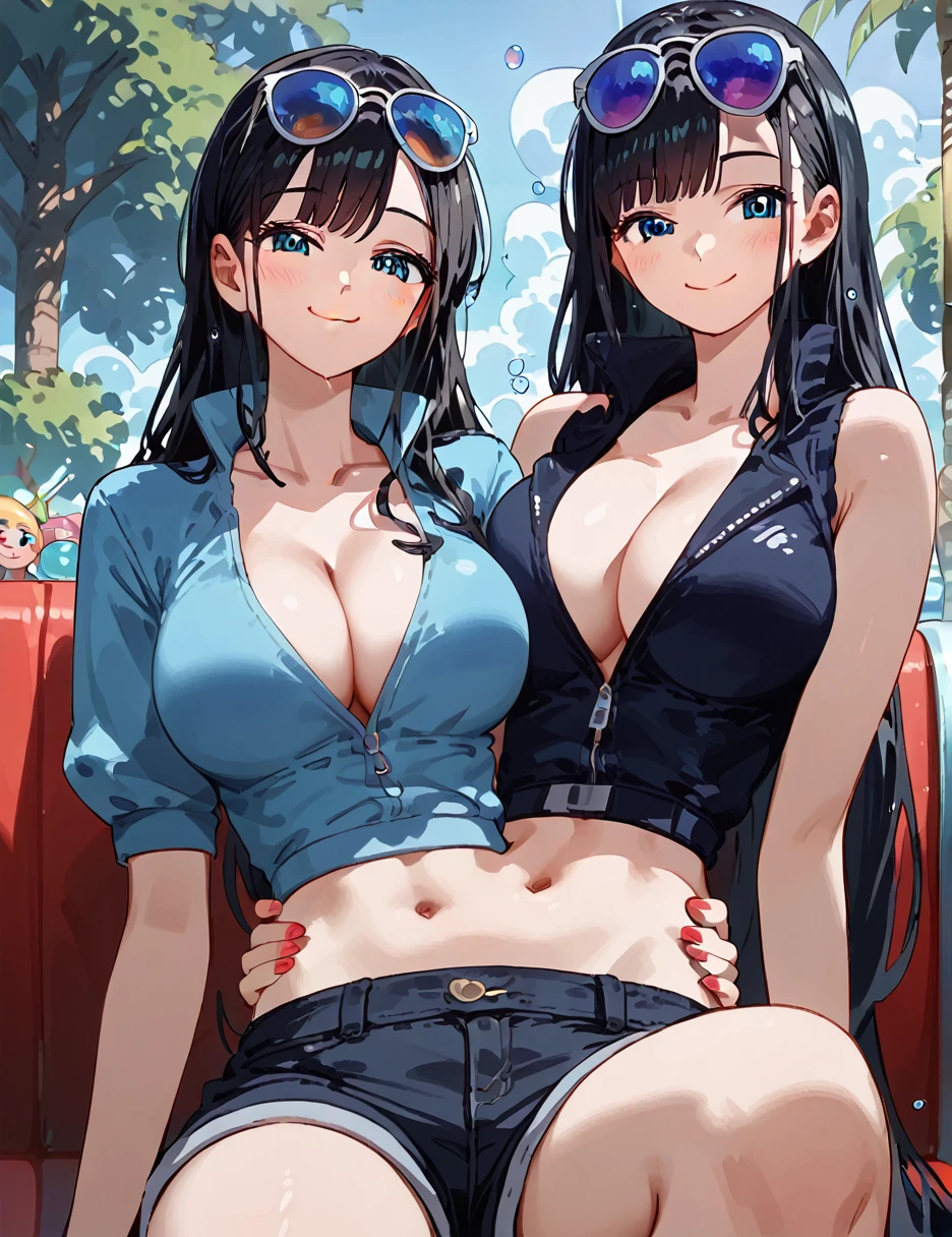 (from below:0.7), score_9_up,score_8_up, ,nico_eg, breasts, black hair, 1girl, large breasts, cleavage, long hair, blue eyes, navel, midriff, blue crop top, shorts, ((blush)), closed mouth, smile, pose, ((sitting )), (thin girl:1.2), (bubbles), ((entertainment park)), sunglasses, a glass with a straw, (two torsos:1.3), 2girls, holding waist,