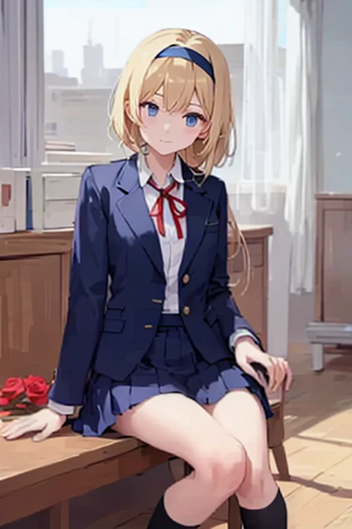 masterpiece, best quality, 1 girl, <lora:Olivia:0.3>, Olivia, blonde hair, aqua eyes, medium hair, school uniform, black jacket, dress shirt, red neck ribbon, grey pleated skirt, miniskirt, white socks