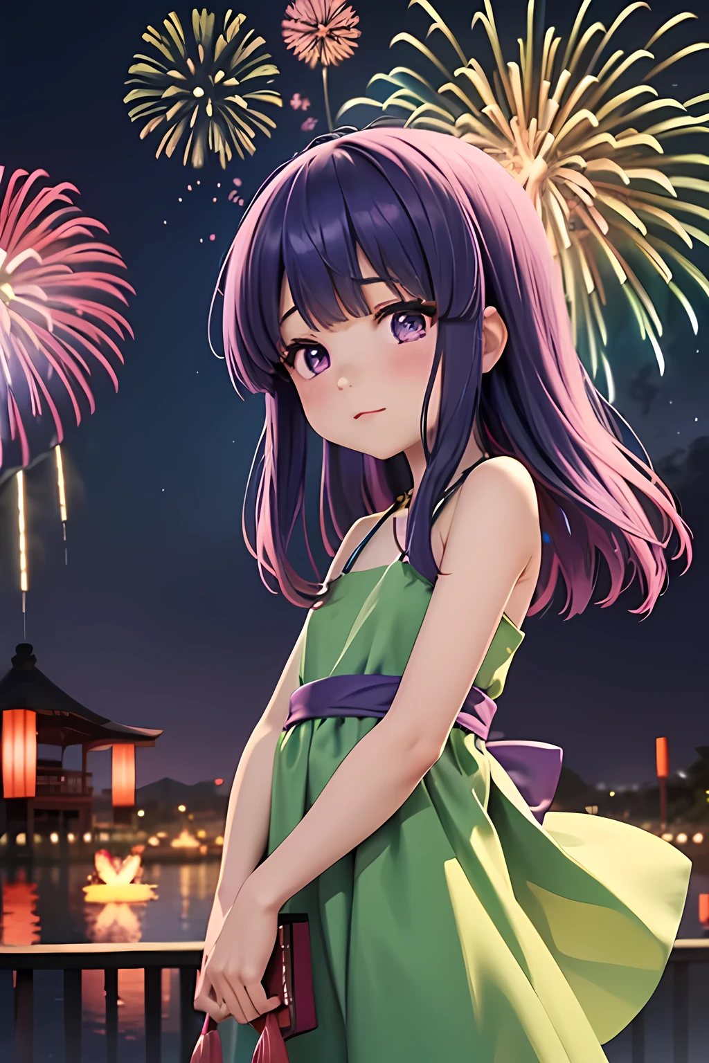 Japanese summer festivals and fireworks, ((Furude Rika)), woman, Alone, Blue Hair, Purple eyes, sundress, ((green dress)), bare shoulders, A festival venue lit with lanterns, People wearing yukata々looks up, In the pitch black night sky々Colorful fireworks rising, Red and pink fireworks, The sound of fireworks echoes