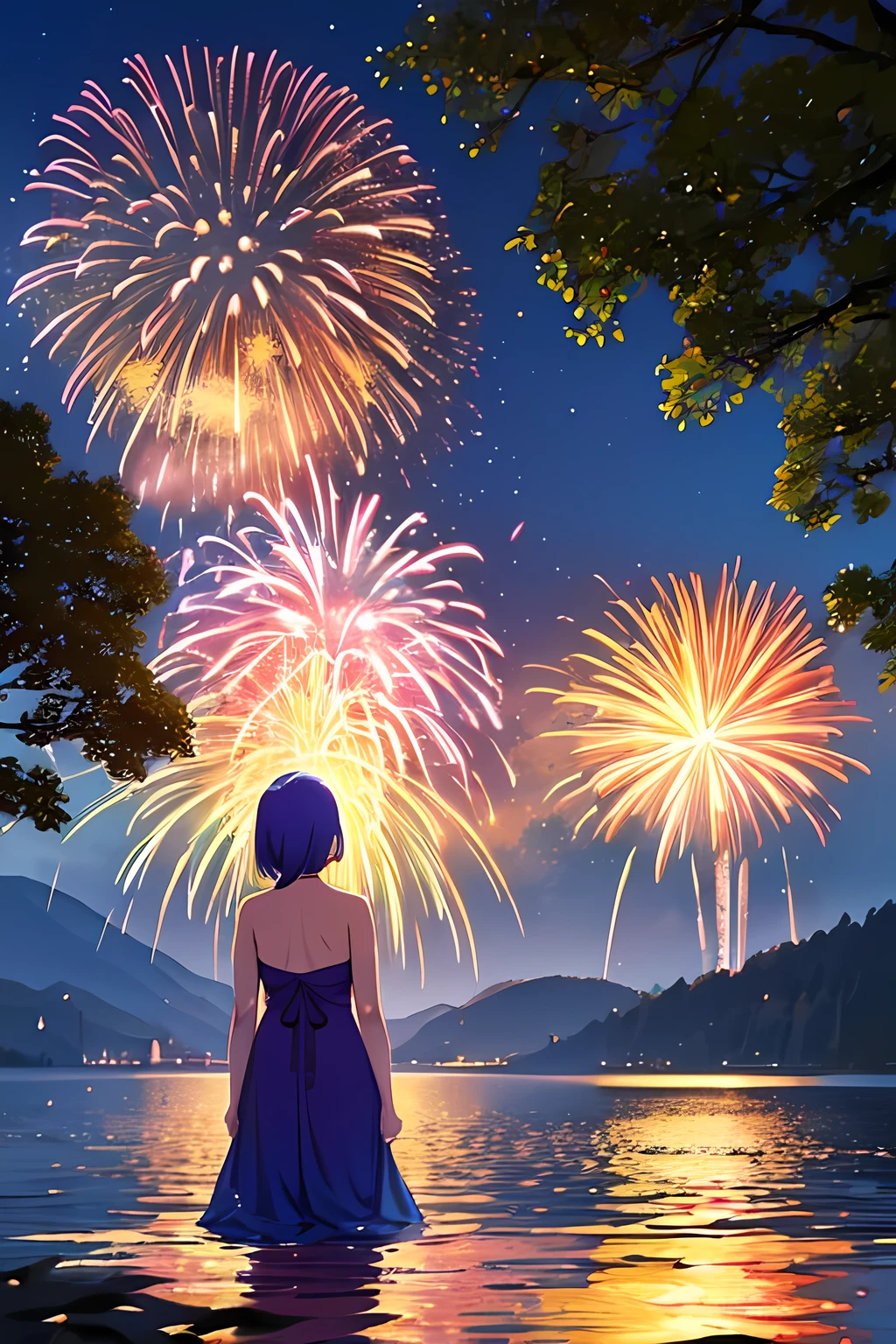 Japanese Fireworks, ((Furude Rika)), woman, Alone, Blue Hair, Purple eyes, sundress, ((green dress)), bare shoulders, Quiet Lake, tree々Lakeside surrounded by, A full moon floats in the sky, Golden and red fireworks reflected on the lake surface, Big circular fireworks, Willow-shaped fireworks slowly disappear