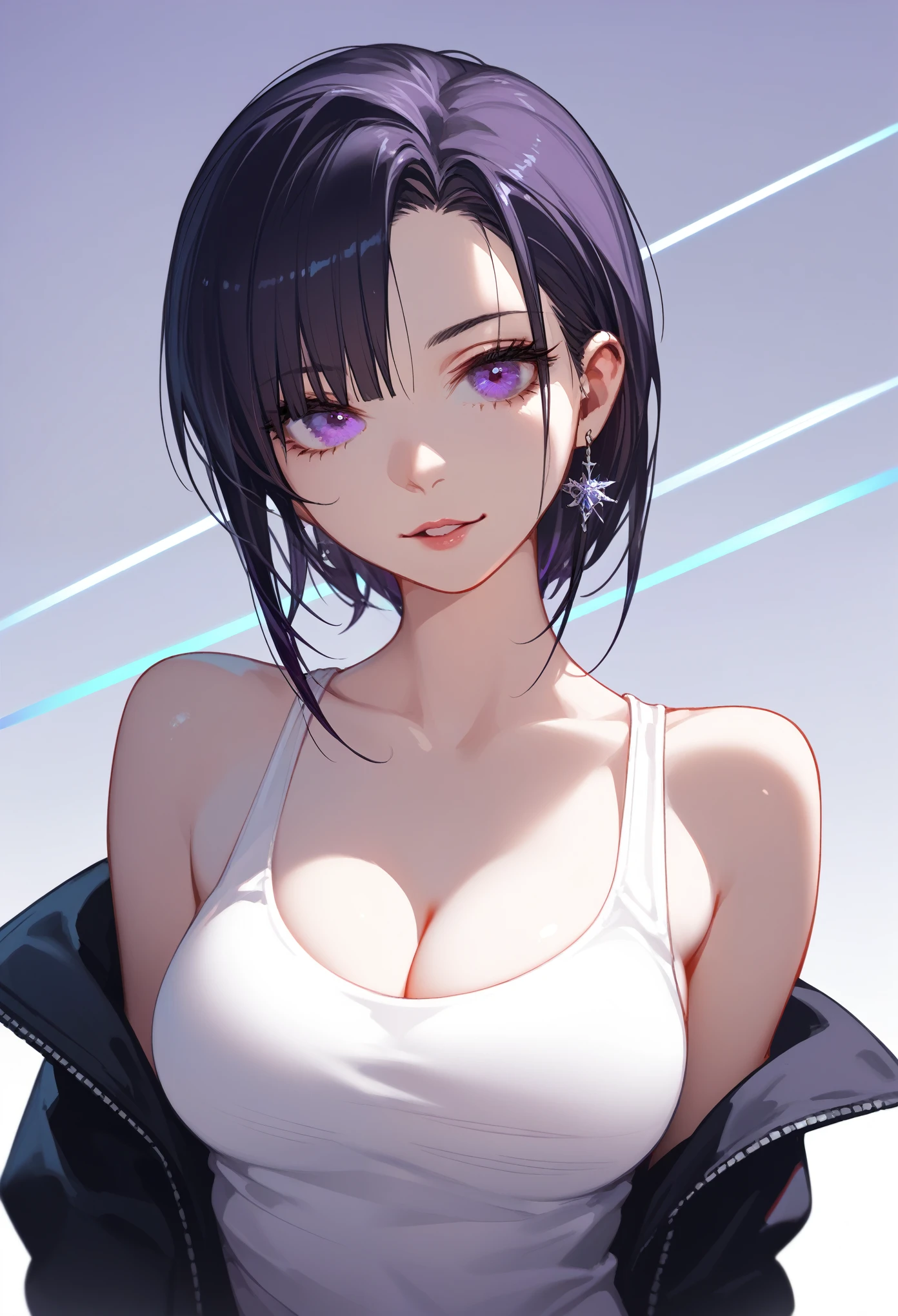 (SuperQuality:1.0) ~ (SuperQuality:1.2), (negative_v2 Color_Balance_Calibration:0.8), aid210 ,Half body shot of a beautiful female, deep purple eye refined features, long black hair, the female is wearing a white tank top, showing her cleavage. Incorporate bold colors, intricate details. The mood is sophisticated, with the characters exuding confidence and style. with a simple background, purple neon lights reflecting off her face.