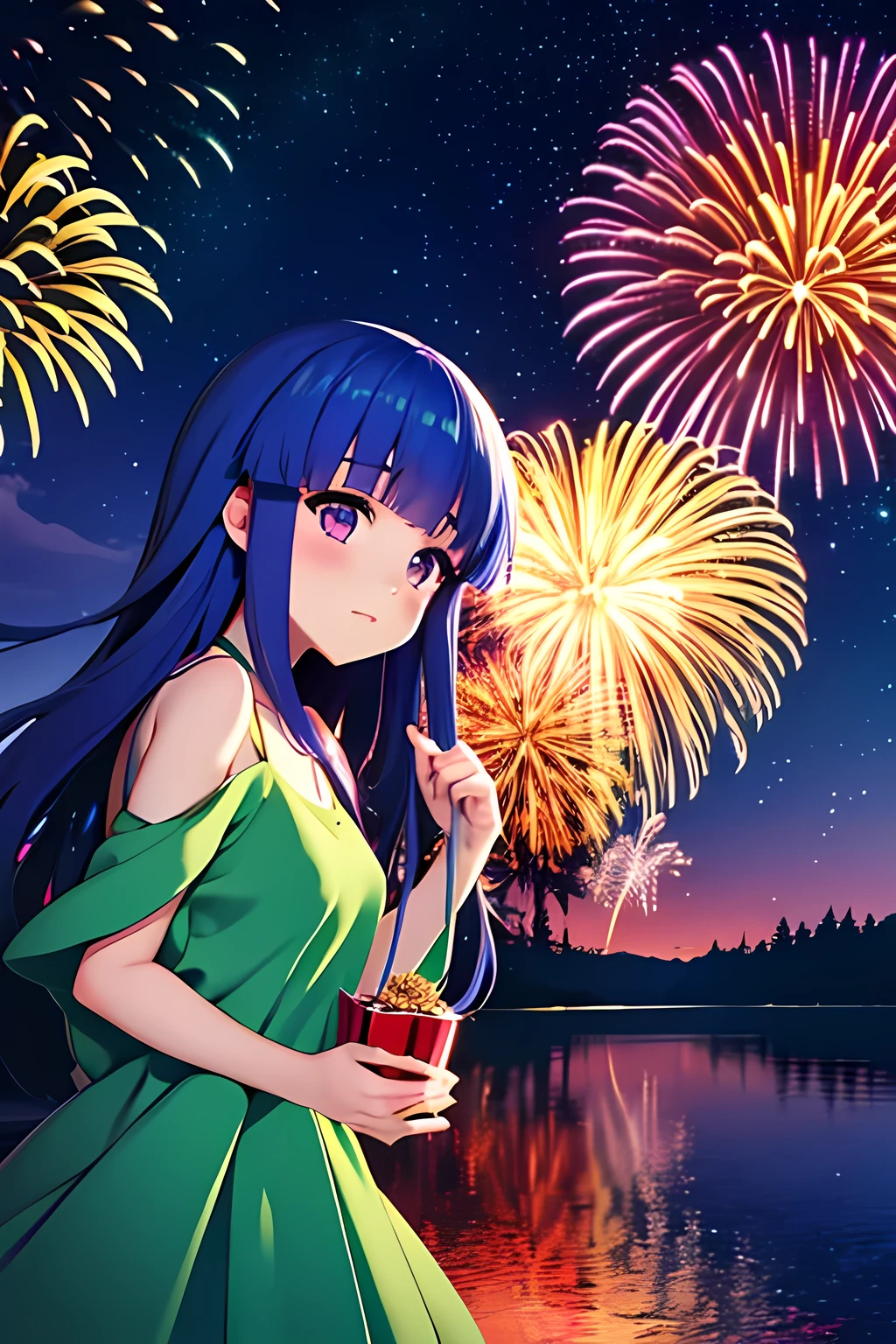 Japanese Fireworks, ((Furude Rika)), woman, Alone, Blue Hair, Purple eyes, sundress, ((green dress)), bare shoulders, Quiet Lake, tree々Lakeside surrounded by, A full moon floats in the sky, Golden and red fireworks reflected on the lake surface, Big circular fireworks, Willow-shaped fireworks slowly disappear