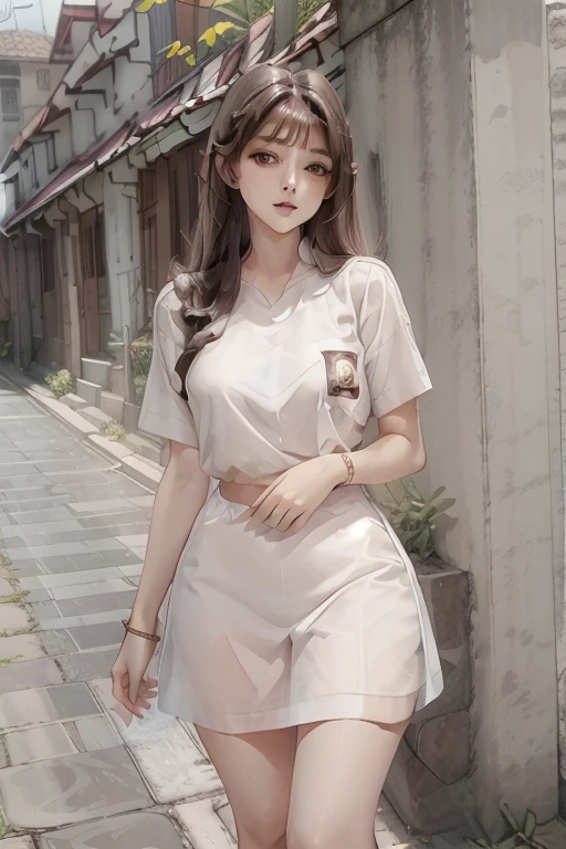 (best quality), (hyperrealistic), mh-yk, 1mature woman,  solo, brown hair, brown eyes, , long hair, Indonesia high School uniform clothes, twintails, outdoor, hair rings, dress, jewelry, bangs