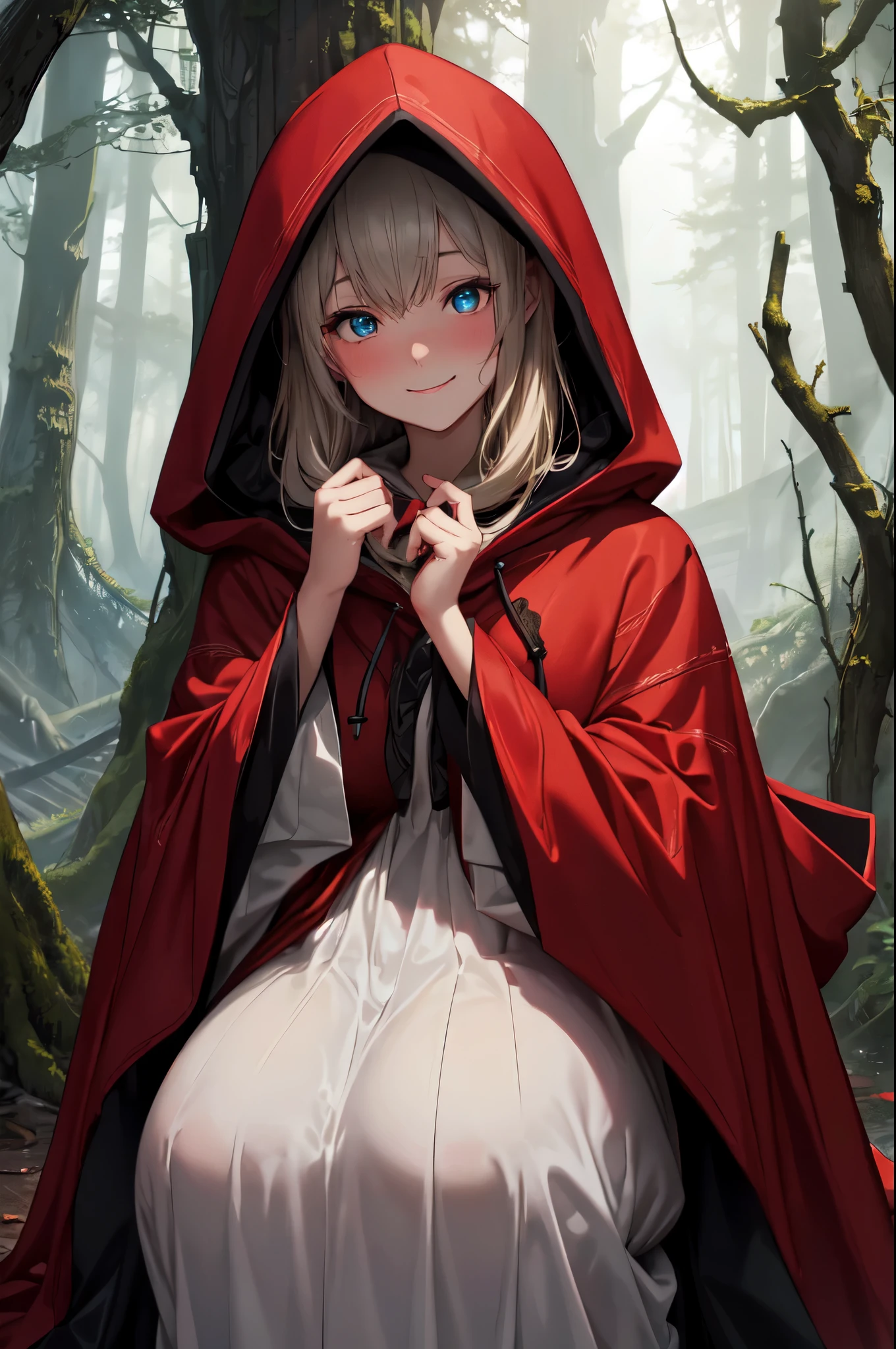 A curly blonde young woman, pale skin with violet eyes and reddish lips, dressed as little red riding hood, with a forest in the background, in an erotic pose. 