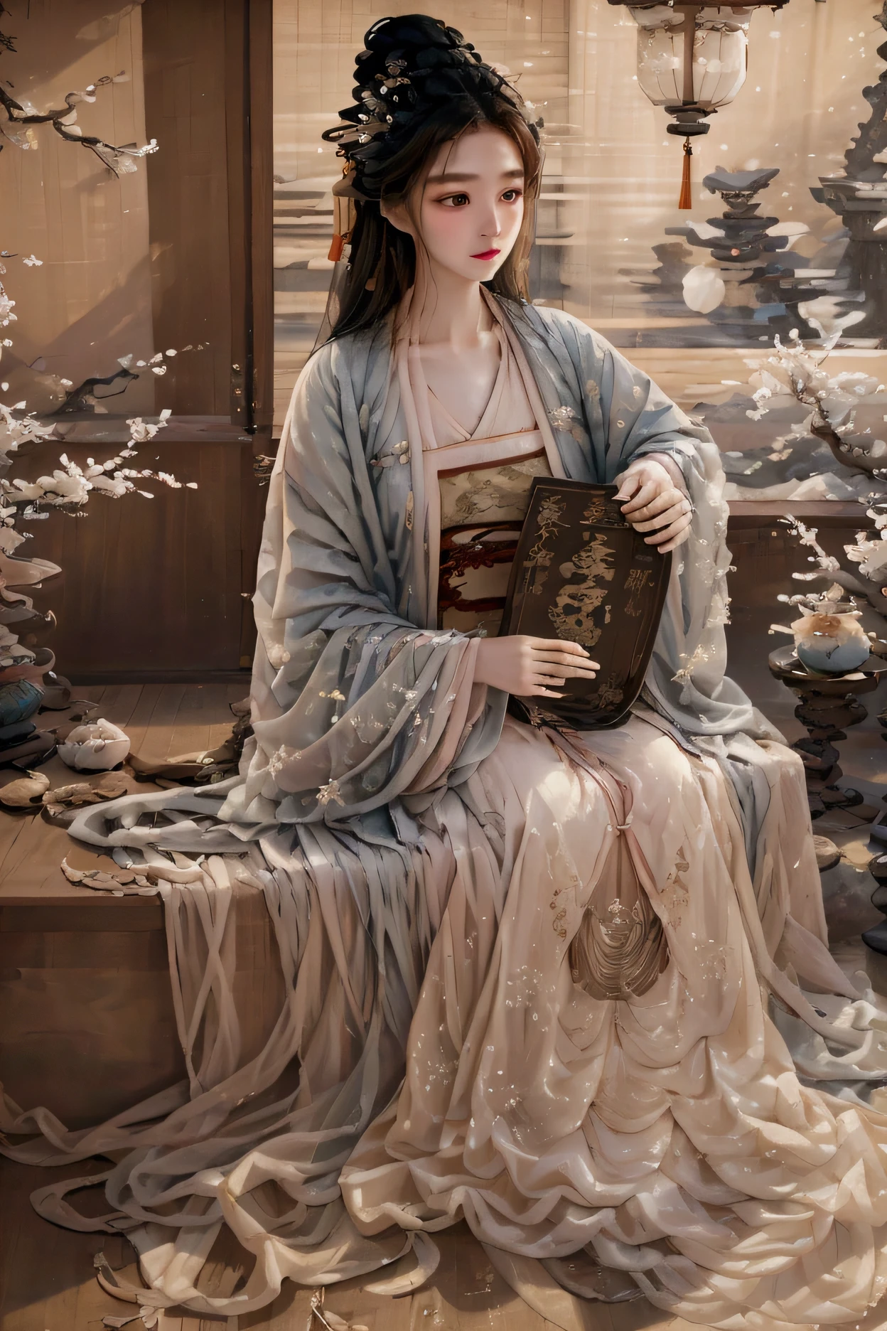 Dunhuang art style, Extremely long-distance lens, A beautiful girl, Perfect face, Pretty Face, Wearing traditional silk dress, Standing on an ancient soft scroll with golden ancient texts, Zen style, Bright Star, Light and Shadow, Ancient White, epic, Extremely delicate brushstrokes, Reality, Photographed by DJI, illustration, UHD, masterpiece, accurate, anatomically correct, textured skin, super detail, 8k.Create an image of a beautiful 18-year-old girl sitting by a large window, reading the poem "Song of White Snow to Send Judge Wu Back to the Capital" by the poet 岑参. She has long, flowing hair adorned with delicate white flowers that resemble snowflakes. She wears an elegant, soft blue dress that gently sways with the breeze, capturing the essence of winter.

The scene outside the window is filled with swirling snowflakes, creating a picturesque winter landscape, reminiscent of "Thousands of pear trees in bloom." The girl's expression is one of deep contemplation, with a gentle smile that suggests she is both entranced by the beauty of the poem and the snowy scenery beyond.

The warm glow of a nearby lamp casts a soft light around her, contrasting with the coldness outside, emphasizing the warmth of the moment she is experiencing. The atmosphere is one of tranquility and beauty, blending the themes of nature and introspection.

