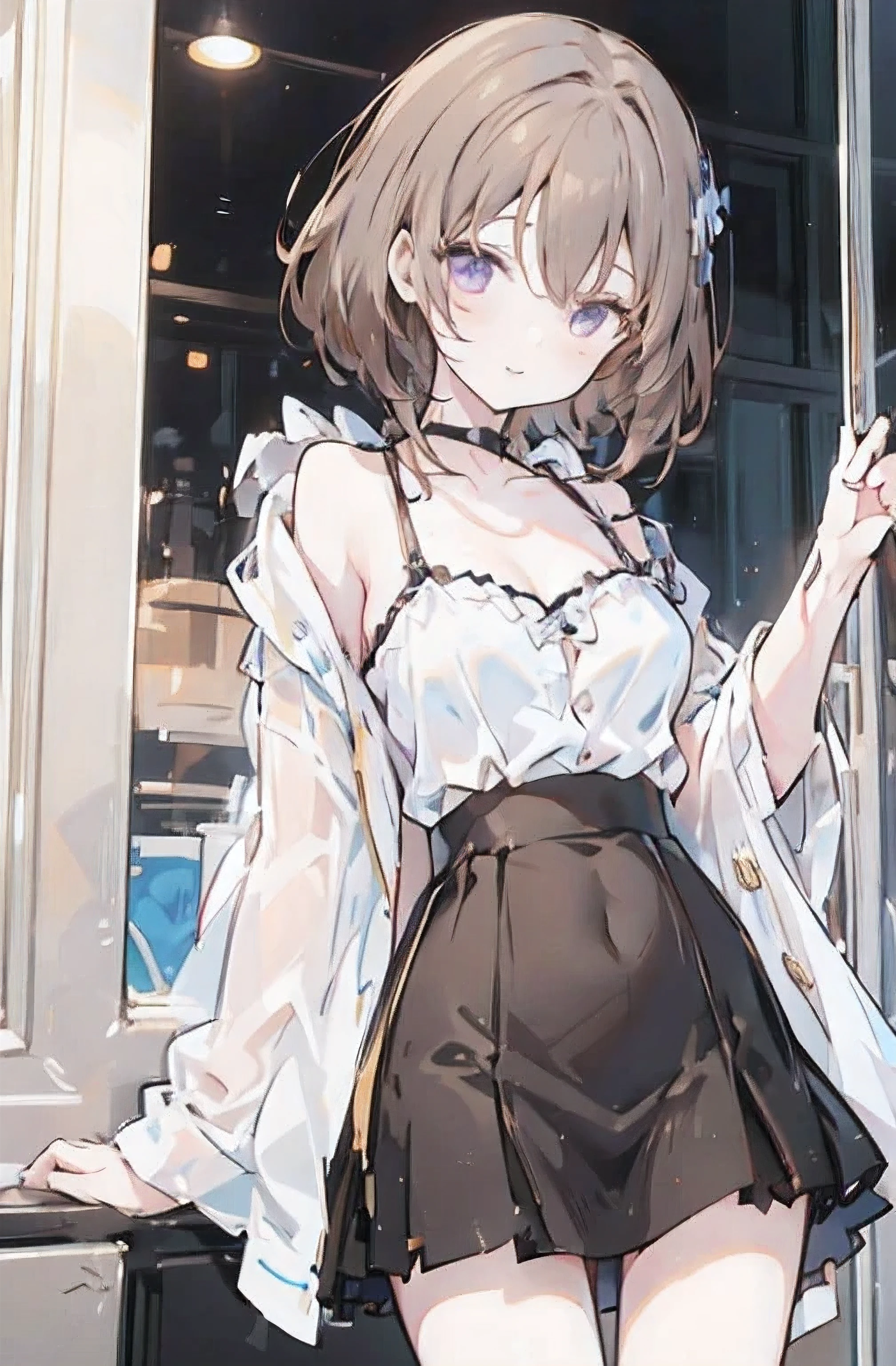 1girl, anime_coloring, black_eyes, brown_hair, choker, short_hair, smile, solo, style_parody,