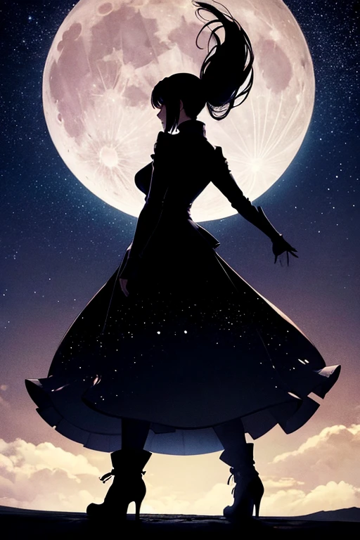 a girl walks in the dead of the night. a huge bat washes from above. a rainbow at night