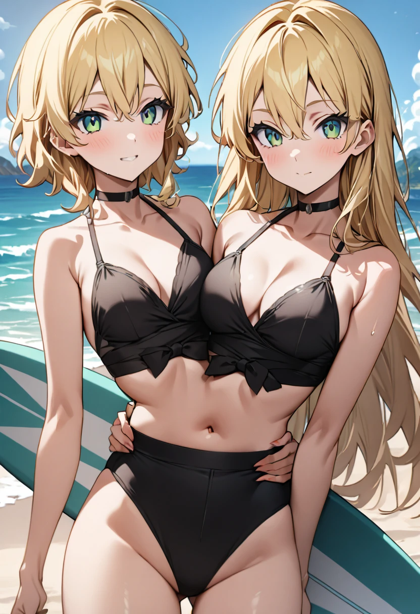 Score_9_up, score_8_up, anime, (masterpiece, best quality), best resolution, blond hair, green eyes, black bikini, standing beside a surfboard, beach, (two torsos:1.3), 2girls, holding waist, leaning, wide waist,