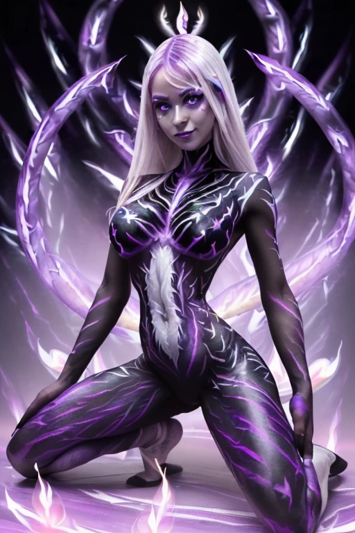 (SFW:1.3), High quality, Elf, (Full body purple body paint:1.5), (Black gradient paint towards the tip of the arms and legs:1.5), Purple body paint, Purple make up, (White flame pattern body aint:1.7), (Black flame pattern body aint:1.7), Photorealistic, Bat feathers, silver hair, large breasts, realistic, kneeling, smile, blue eyes, bikini