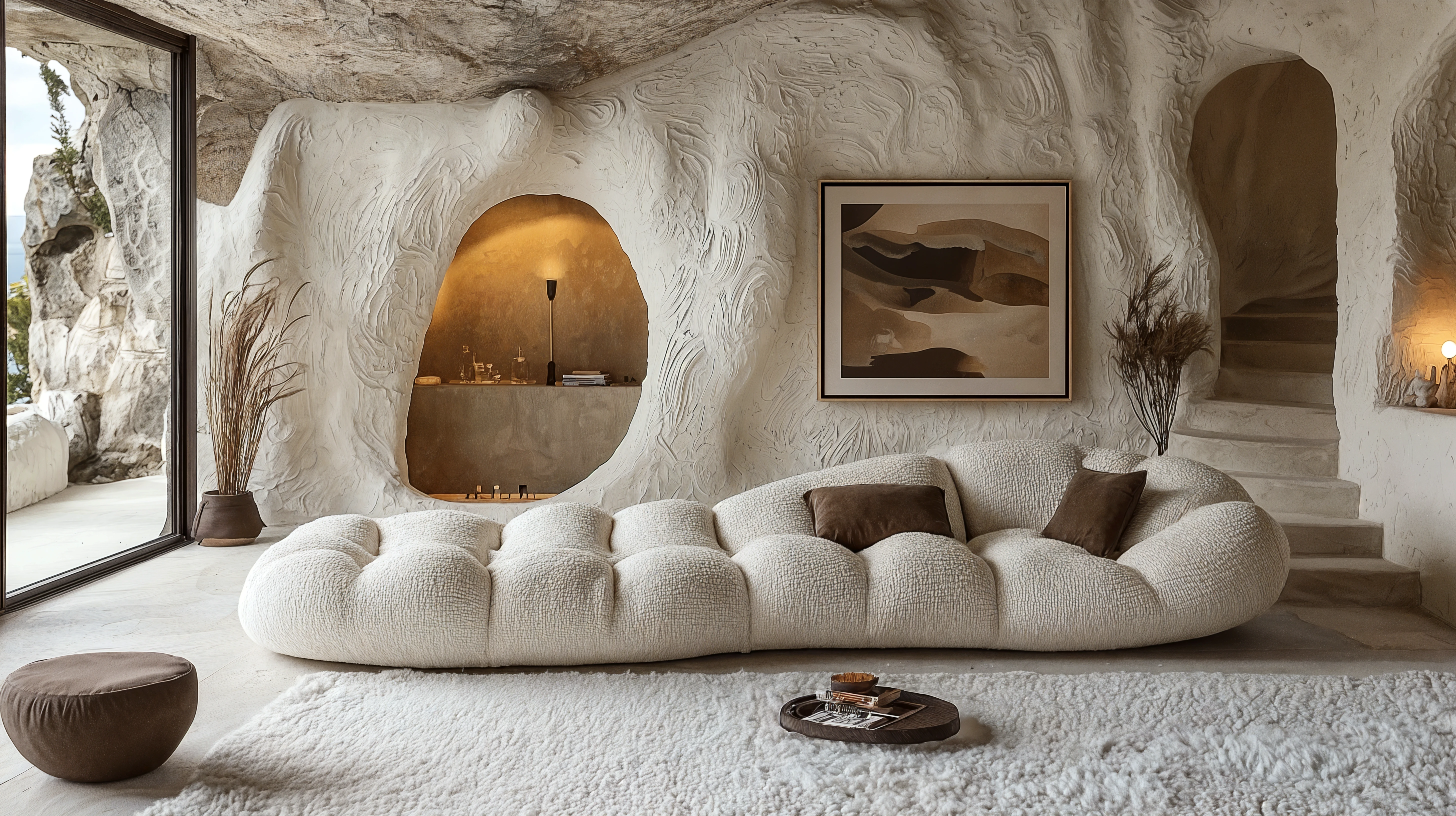living room with a long cave-themed sofa
