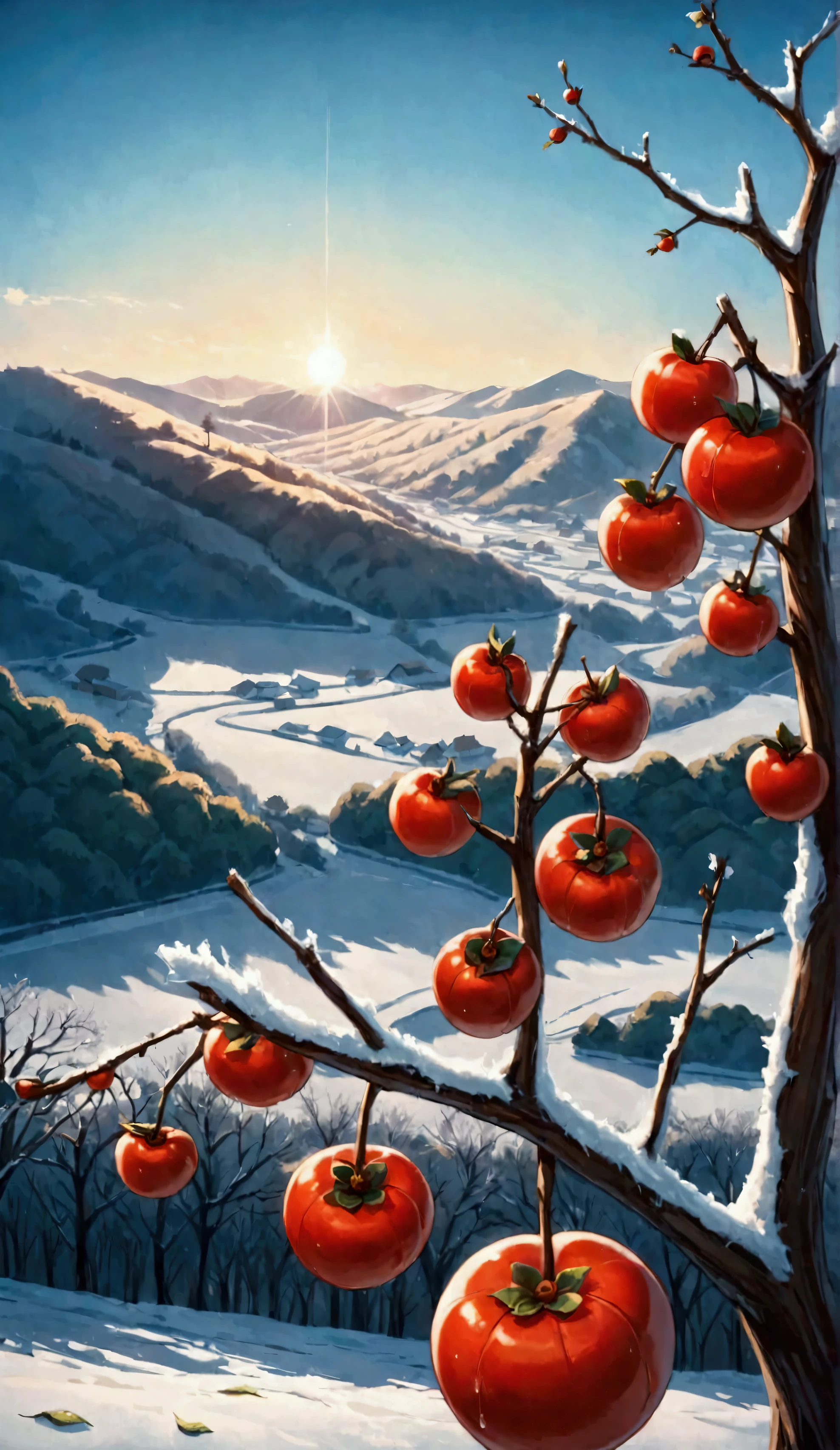 Three red persimmons on the tree are covered with a layer of frost，There are green hills in the distance