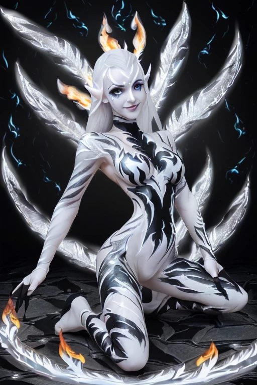 (SFW:1.3), High quality, Elf, (Full body white body paint:1.5), (Black gradient paint towards the tip of the arms and legs:1.5), White body paint, White make up, (Silver flame pattern body aint:1.7), (Black flame pattern body aint:1.7), Photorealistic, Bat feathers, silver hair, large breasts, realistic, kneeling, smile, blue eyes, bikini