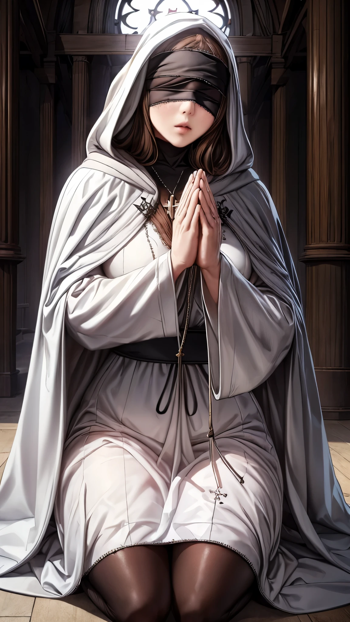 Old woman, (((white cloak, black embroidery))), wide waist, ((pale face)), Church, brunette, (((blindfold))), ((praying)), wearing cross necklace