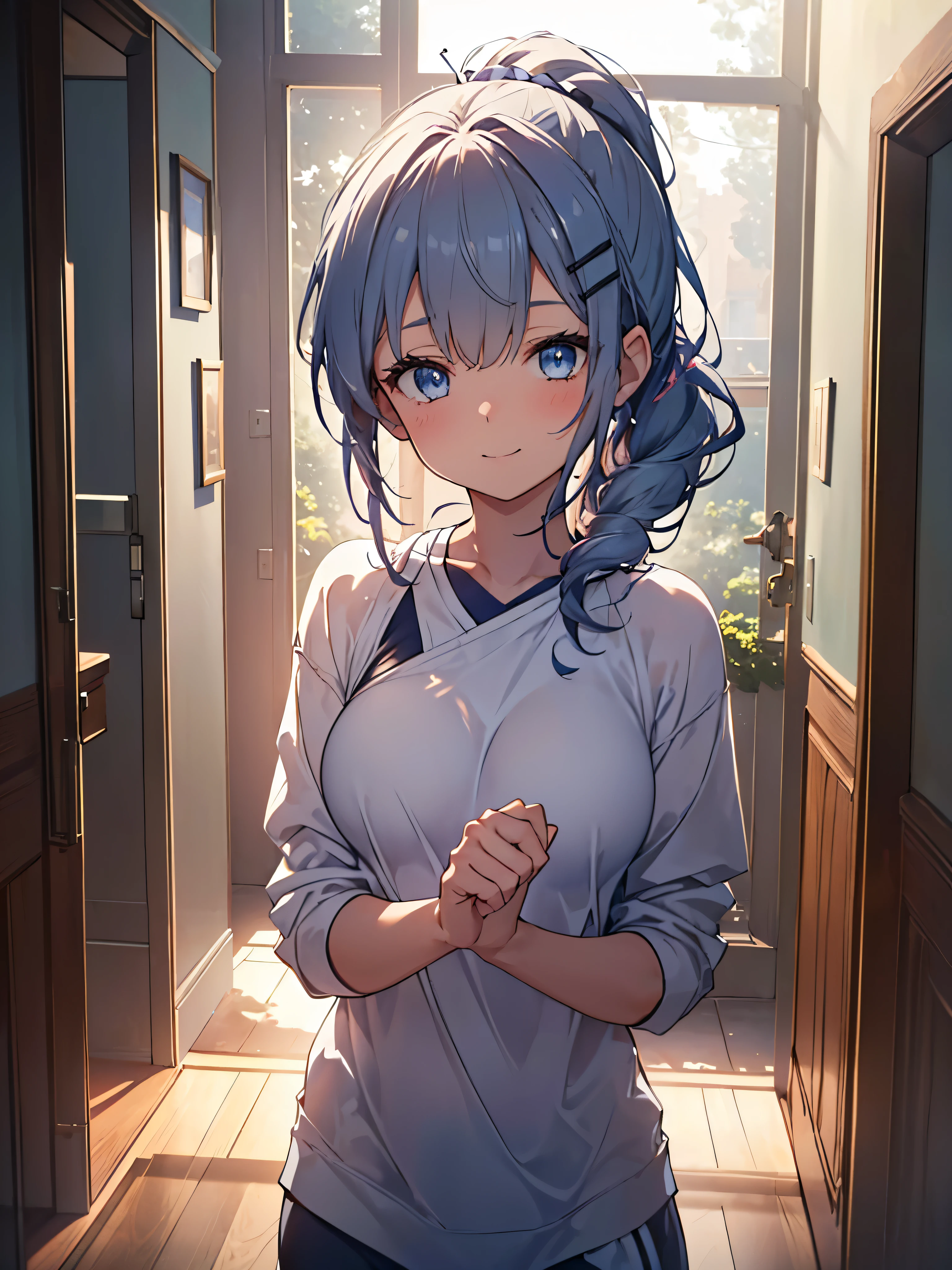 One Girl, Curly Ponytail, smile, blue eyes, Peek into,Wear sportswear, (entrance）, (（morning）), masterpiece, 8k, Perfect lighting, The perfect outfit, Perfect Anatomy, Sharp resolution, Shallow depth of field, Soft Shadows, Casual and relaxed atmosphere, Natural light pours in, Hair clip, Beautiful breasts
