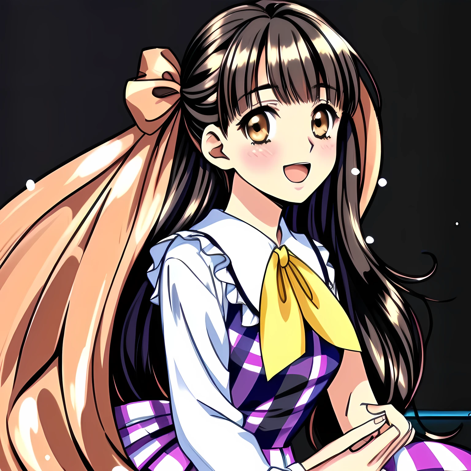 (highest quality, masterpiece: 1.6), (Too beautiful noble 18yo girl is laying on floor and looking down, holding a transparent vertical-flute with both hands tightly and carefully, playing transparent-vertical-flute with her fingers and open mouth: 2.0), (Too beautiful girl is looking down and holding the transparent-vertical-flute, and looking at the edge of the vertical-flute: 1.8), (Too Beautiful noble 18yo beautiful noble heroine, beautiful giggling noble elegant 18yo neat anime heroines who wares completely yellow frilled girly blouse and navy-colored plaid skirt, is giving transparent-vertical-flute extreme unreal super-maximum pleasure with her both hands, with Noble Elegant uniform: 1.5), (kissing with glossy lips), (yellow girly frilled blouse: 1.2), (Anime-heroine's girly noble laughing giggling brown eyes: 1.6), (Realistic Charming neat navy-colored very-neat well-pleated long checkered plaid school skirt: 1.5), (black background: 1.7), (eyes, face and hair are especially beautifully detailed and beautifully drawn: 1.5), (Girl whom everyone loves because of her beauty and lovely fashion and noble manner and magic-charm like succubus: 1.0), (Very beautiful, wavy, cutely super-super-long straight gorgeous rich dark black hair like hair model, with elegant big yellow hair ribbons: 1.3), (beautiful black hair: 1.5), (Perfect body style like a fashion model), (Take picture from her side: 1.5), Much Water splash from the top of the flute