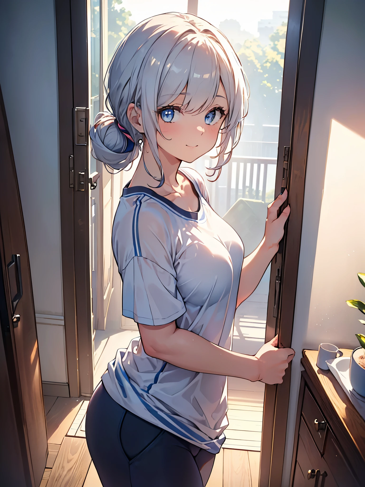 One Girl, Curly Ponytail, smile, blue eyes, Peek into,Wear sportswear, (entrance), ((morning)), masterpiece, 8k, Perfect lighting, The perfect outfit, Perfect Anatomy, Sharp resolution, Shallow depth of field, Soft Shadows, Casual and relaxed atmosphere, Natural light pours in, Hair clip, Beautiful breasts