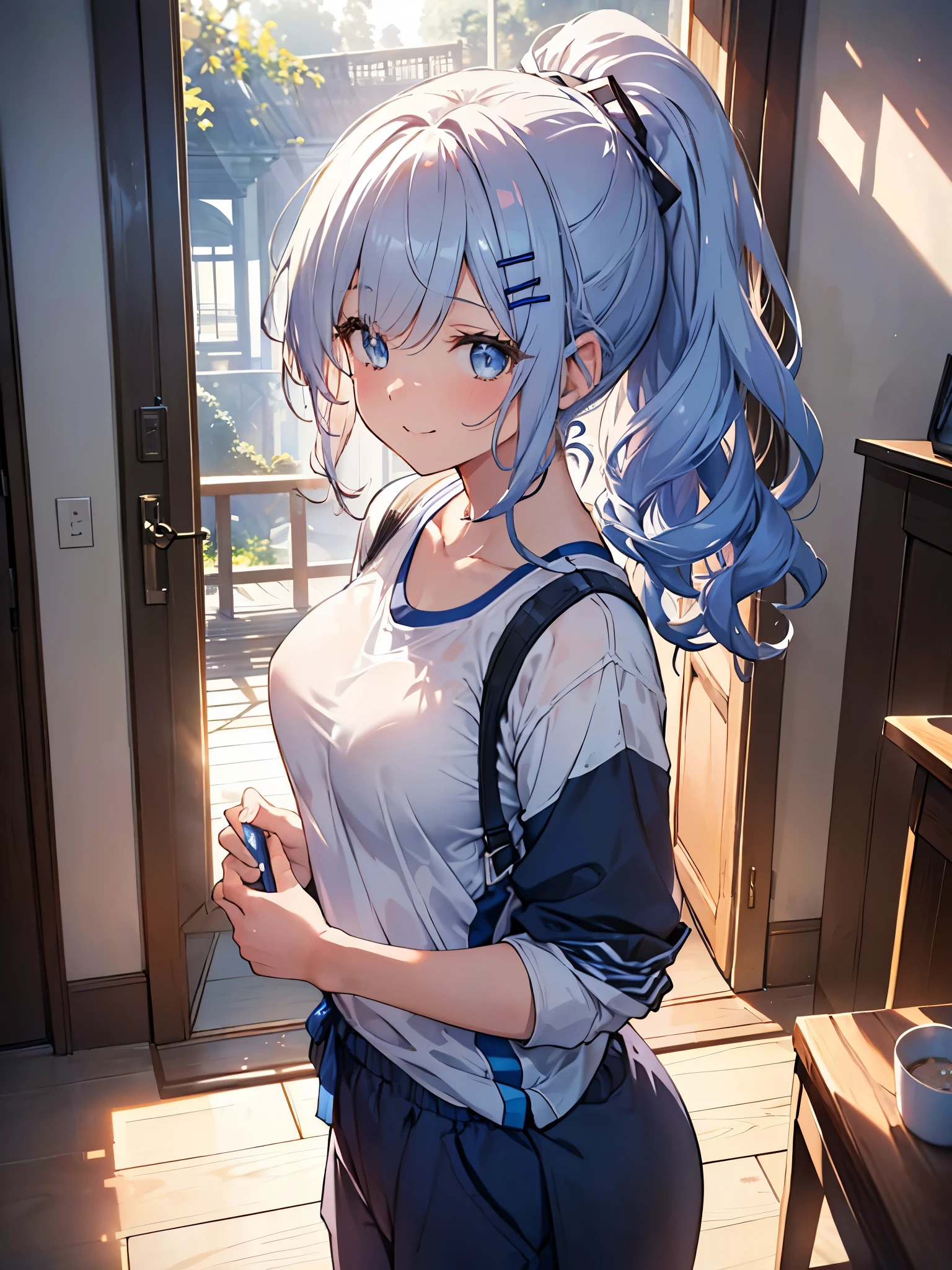 One Girl, Curly Ponytail, smile, blue eyes, Peek into,Wear sportswear, (entrance）, (（morning）), masterpiece, 8k, Perfect lighting, The perfect outfit, Perfect Anatomy, Sharp resolution, Shallow depth of field, Soft Shadows, Casual and relaxed atmosphere, Natural light pours in, Hair clip, Beautiful breasts
