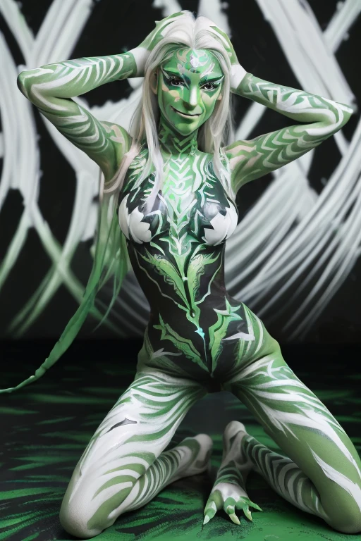 (SFW:1.3), High quality, Elf, (Full body green body paint:1.5), (Black gradient paint towards the tip of the arms and legs:1.2), Green body paint, Green make up, (Black burn-out print pattern body paint:1.3), (White burn-out print pattern body paint:1.7), Photorealistic, Bat feathers, silver hair, large breasts, realistic, kneeling, smile, blue eyes, bikini