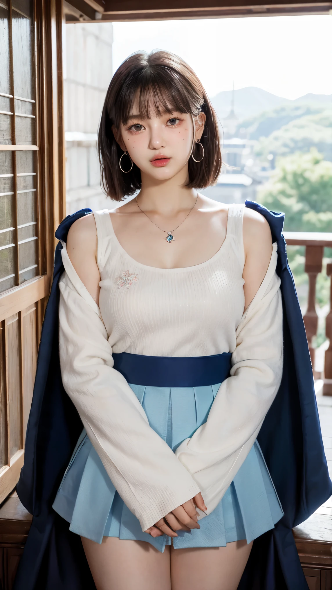 be shy、Photorealsitic, hight resolution, 1 girl, Korea person, Heterochromia eyes, small moles under eyes,(is crying), solo, jewely, Detached sleeve, a necklace, blue-beaded earring, Hakama skirt
Yunafx、
超A high resolution、a picture、Photorealsitic、ighly detailed、A detailed face、Cute Woman Solo、Castle balcony、
medium breasts⁩、(​masterpiece、hightquality)、looking at the viewers、gorgeous goddess、bob cuts、shinny skin、
Charming and、Charming and、dream-like、Royal cloak、((thick bangs))、