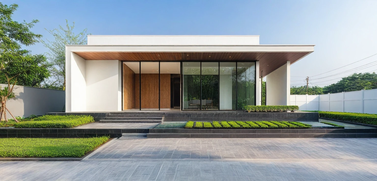 masterpiece, best quality, exterior design, single 1 storie modern house on the Vietnam village, modern dark tiled granite and white walls facade, wooden ceiling, large glass, minimalist modern style, green shrubs and tropical tree background, natural light, clear sky morning background, large door and windows,