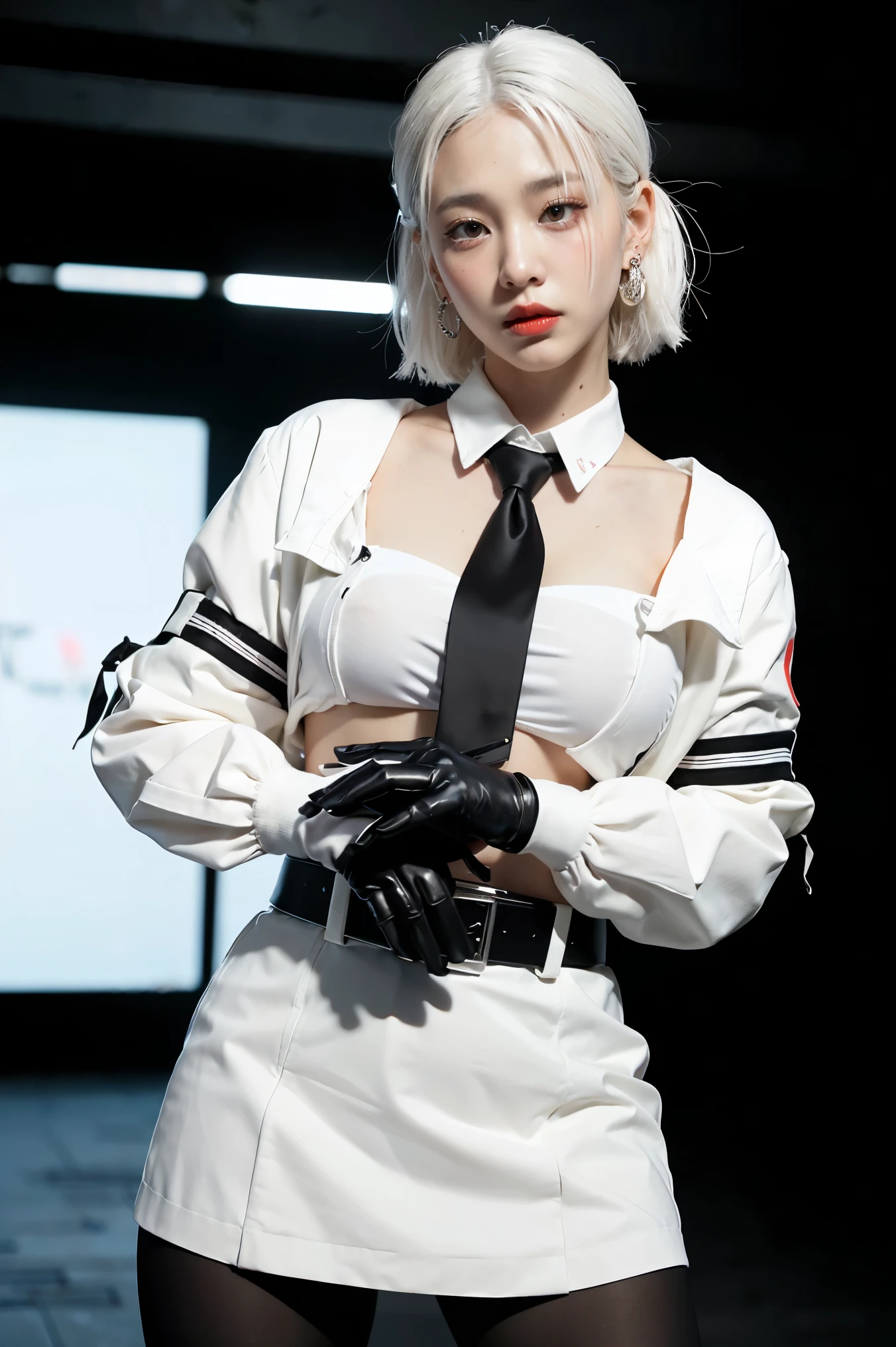 masterpiece,Perfect image quality,2048 resolution,1 girl, vampire girl,Close-up shot, (white hair, medium hair, big breasts, red eyes), perfect anatomy, City, cyberpunk style, ((White shirt, black jacket, black skirt, navel, belt, black gloves, tie, watch, earrings, Transparent black)), ((holding a gun)), war, City廢墟, on the battlefield, rubble, building,cigarette