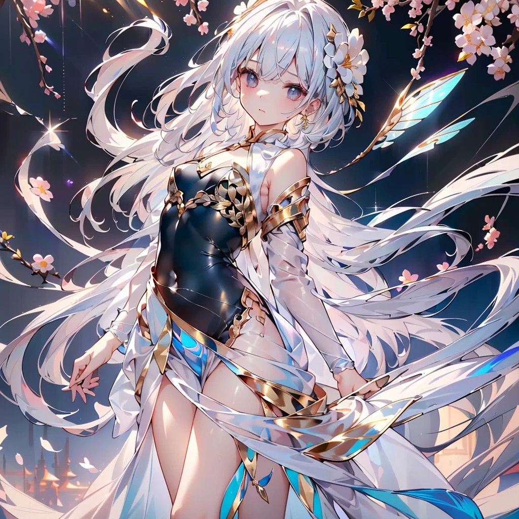 1girl,(((Perfect Anatomy、Best Quality、Masterpiece、The best composition、Golden Ratio、Super detailed、High definition、)))、laser
leishe、Fairy、Small wings growing from its waist、hologram、Milky white hair color、Shiny straight long hair、🌸、🌸、Beautiful diamond-like shine、asian dress