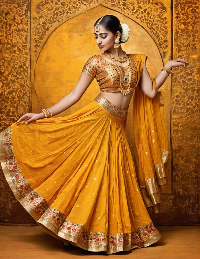 an Indian classical dance performance, inspired by Gustav Klimt's artwork .' Use a rich, golden palette with intricate patterns and swirling designs to evoke a sense of movement and rhythm. Employ the impasto technique to add texture to the dancers' traditional attire and jewelry. Use tenebrism to create a dramatic contrast between the dancers and the background, highlighting their graceful movements and expressions. Capture the essence of Indian classical dance with Klimt's ornamental style.