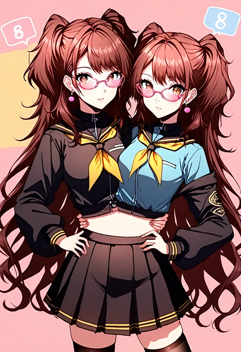 score_9, score_8_up, source_anime, Kujikawa Rise, long hair, skirt, brown hair, thighhighs, long sleeves, twintails, brown eyes, blue crop top, off shoulder, frills, pleated skirt, black skirt, earrings, glasses, pink frame eyewear, black thighhighs, yellow neckerchief, (two torsos:1.3), 2girls, holding waist,