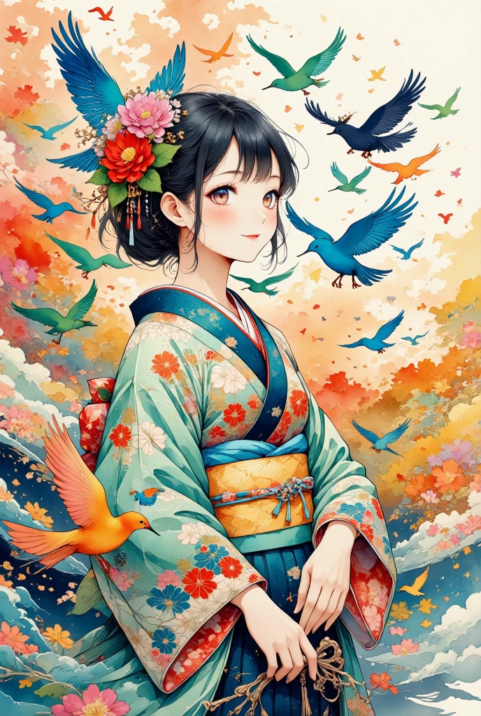 A tranquil scene featuring a girl in a traditional Japanese kimono, Colorful birds fly around、Standing gracefully. Birds are depicted as colorful silhouettes, Each one is intricately decorated, Traditional Japanese Pattern. The delicate texture of washi paper can be felt throughout the piece., Soft, Artistic atmosphere. The colors of the birds blend together in harmony, They come in a variety of hues, from deep blues and greens to bright reds and oranges., Their flight moves in a whirlpool around the girl., Adding fluidity to the scene.