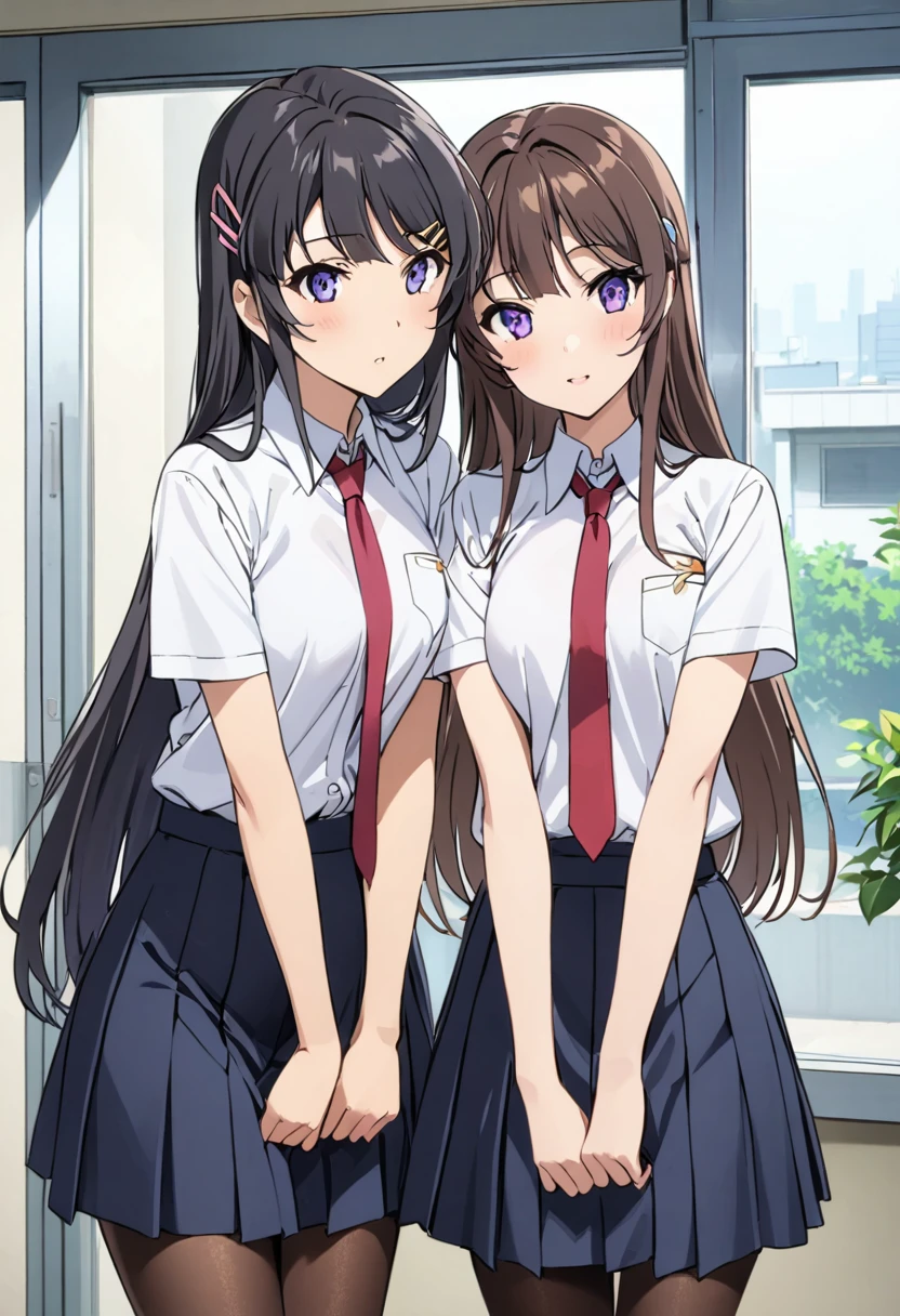 Mai Sakurajima、Long Hair、bangs、Black Hair、Hair accessories、Purple Eyes、Hair Clip、ウサギのHair accessories、skirt、shirt、Student Uniform、白shirt、Short sleeve、pantyhose、プリーツskirt、襟付きshirt、青いskirt、黒pantyhose、Red tie、